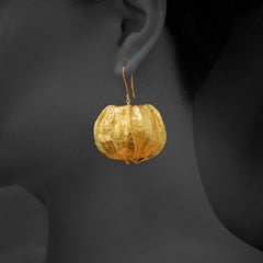 Cape Gooseberry Yellow Gold Leaf Dangle Earrings