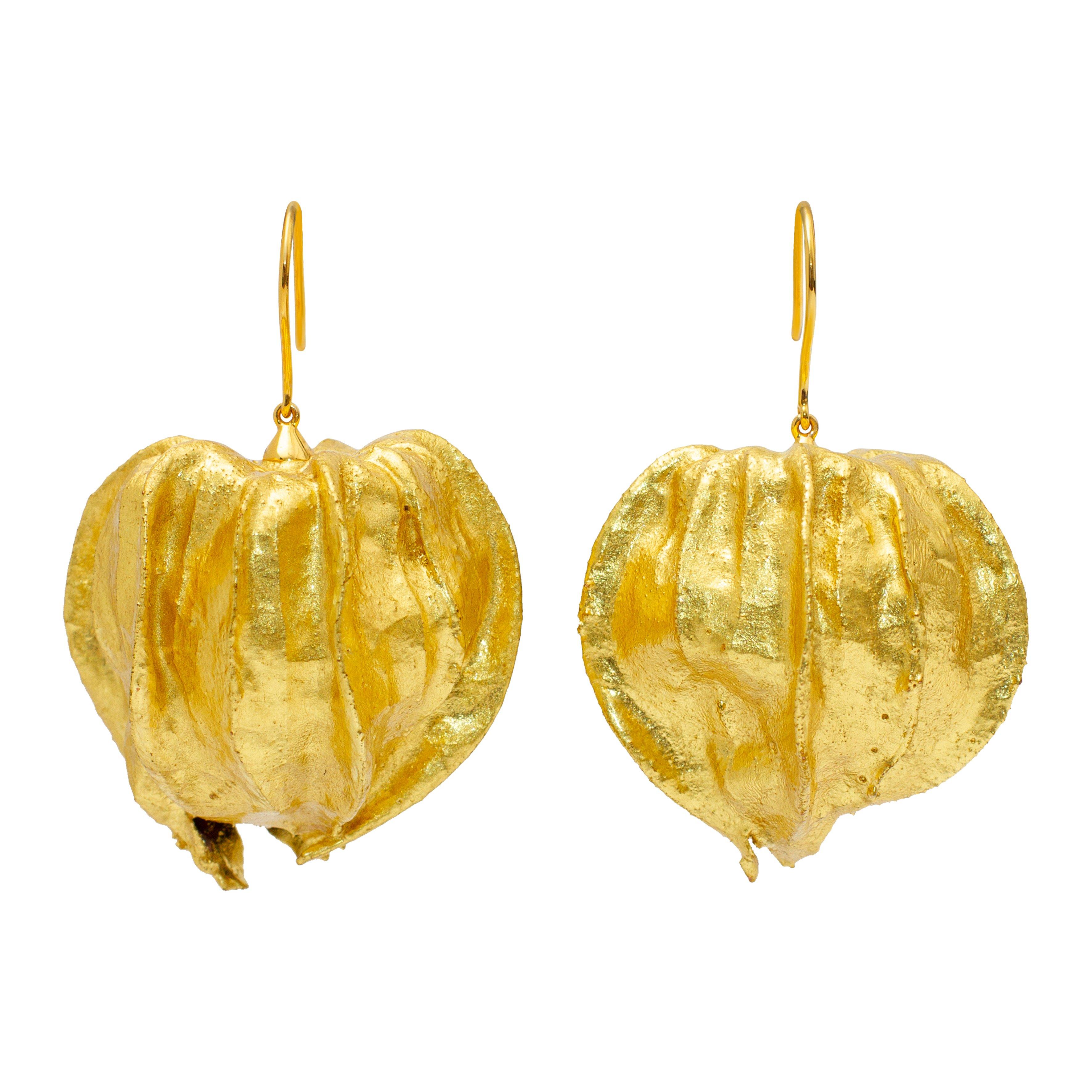 Women's or Men's Cape Gooseberry Yellow Gold Leaf Dangle Earrings For Sale