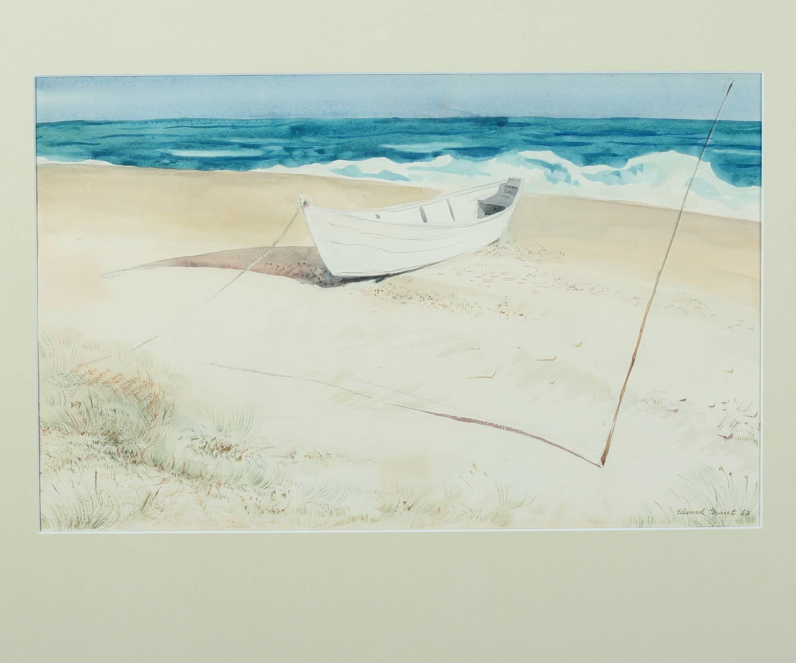 A watercolor painting of Cape Henlopen beach by artist Edward Grant. An American piece dating to 1952. The sight size measures 10.25 inches high by 16 inches wide and the frame size measures 20.25 inches high by 26.25 inches wide.