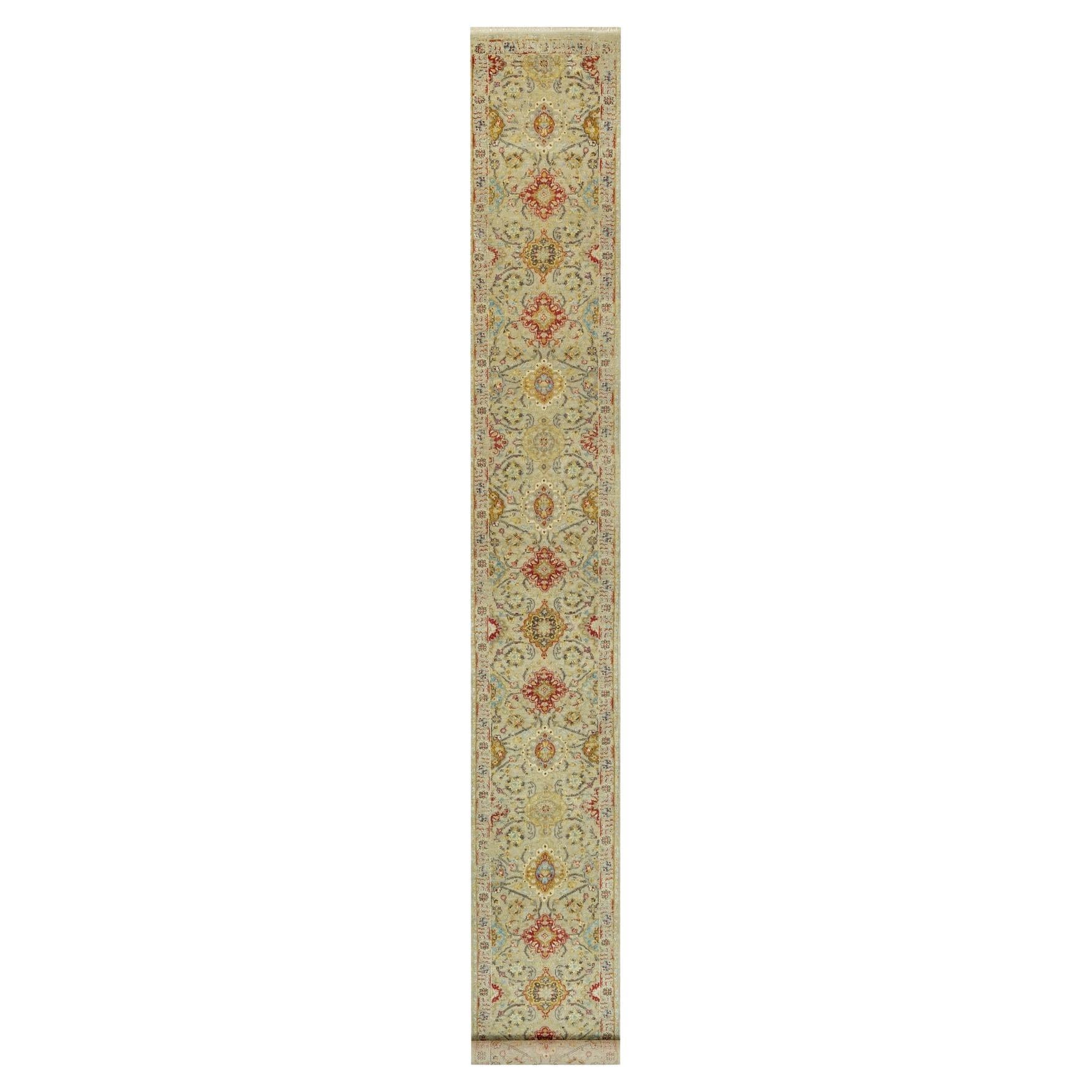 Cape Honey Beige Hand Knotted Vibrant Colors Pure Wool Runner Rug 2'7" x 19'10" For Sale