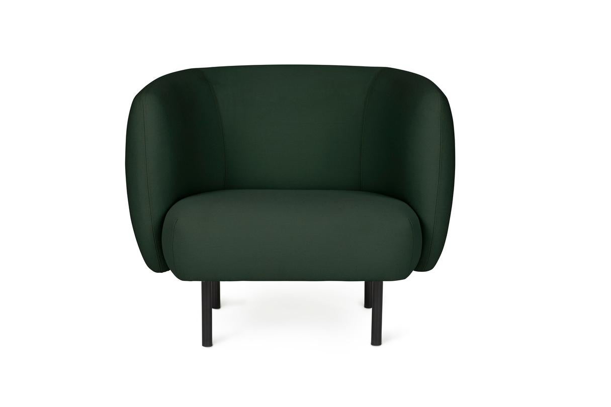 Cape lounge chair forest green by Warm Nordic.
Dimensions: D90 x W82 x H 80 cm
Material: textile upholstery, wooden frame, powder coated black steel legs
Weight: 34.5 kg
Also available in different colours and finishes. 

An elegant armchair