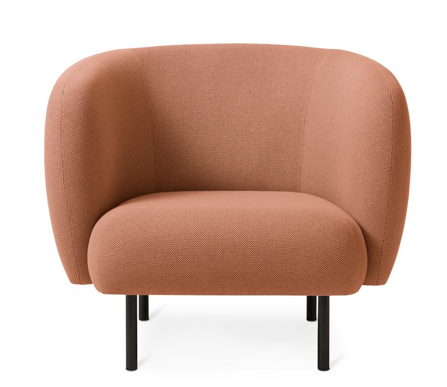 Cape Lounge chair fresh peach by Warm Nordic
Dimensions: D90 x W82 x H 80 cm
Material: Textile upholstery, Wooden frame, Powder coated black steel legs
Weight: 34.5 kg
Also available in different colors and finishes. 

An elegant armchair with