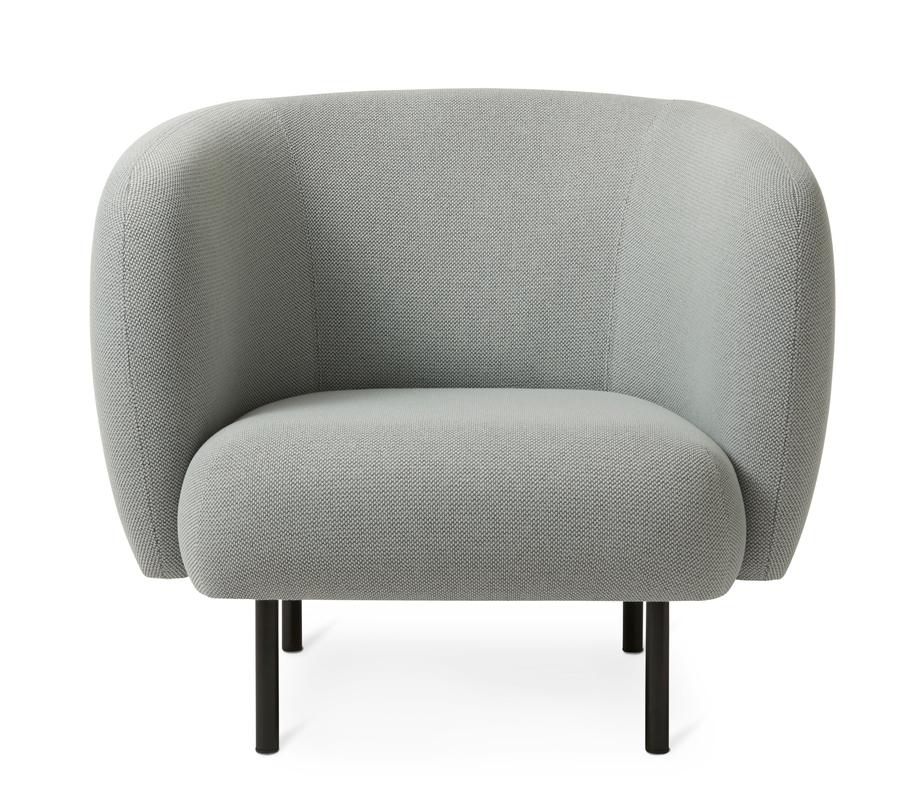 Cape Lounge chair minty grey by Warm Nordic
Dimensions: D90 x W82 x H 80 cm
Material: Textile upholstery, Wooden frame, Powder coated black steel legs
Weight: 34.5 kg
Also available in different colors and finishes. 

An elegant armchair with