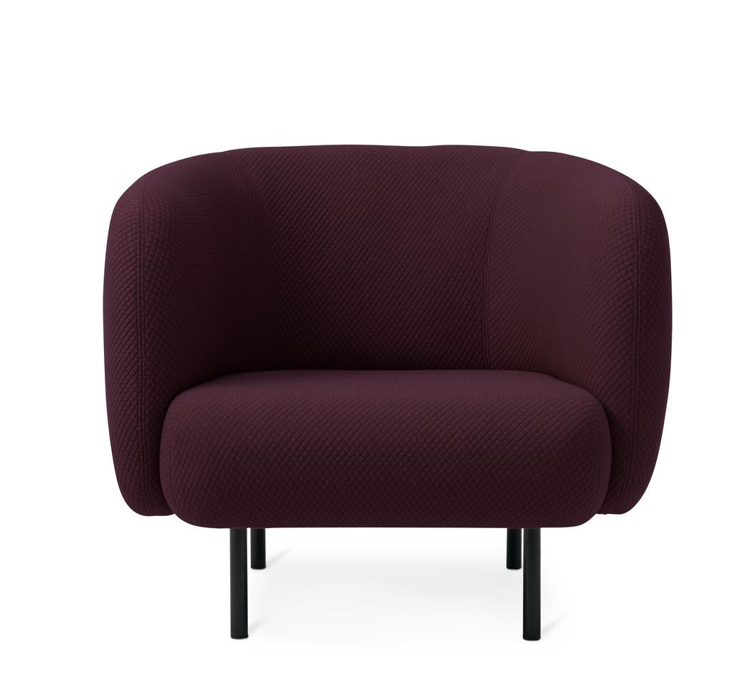 Cape Lounge chair Mosaic Dark Bordeaux by Warm Nordic
Dimensions: D90 x W82 x H 80 cm
Material: Textile upholstery, Wooden frame, Powder coated black steel legs
Weight: 34.5 kg
Also available in different colors and finishes. 

An elegant