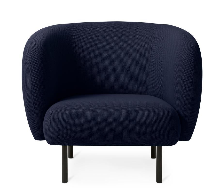 Cape lounge chair steel blue by Warm Nordic
Dimensions: D 90 x W 82 x H 80 cm
Material: Textile upholstery, Wooden frame, Powder coated black steel legs
Weight: 34.5 kg
Also available in different colours and finishes.

An elegant armchair