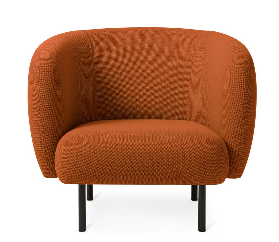 Cape Lounge chair Terracotta by Warm Nordic
Dimensions: D90 x W82 x H 80 cm
Material: Textile upholstery, Wooden frame, Powder coated black steel legs
Weight: 34.5 kg
Also available in different colours and finishes. 

An elegant armchair with