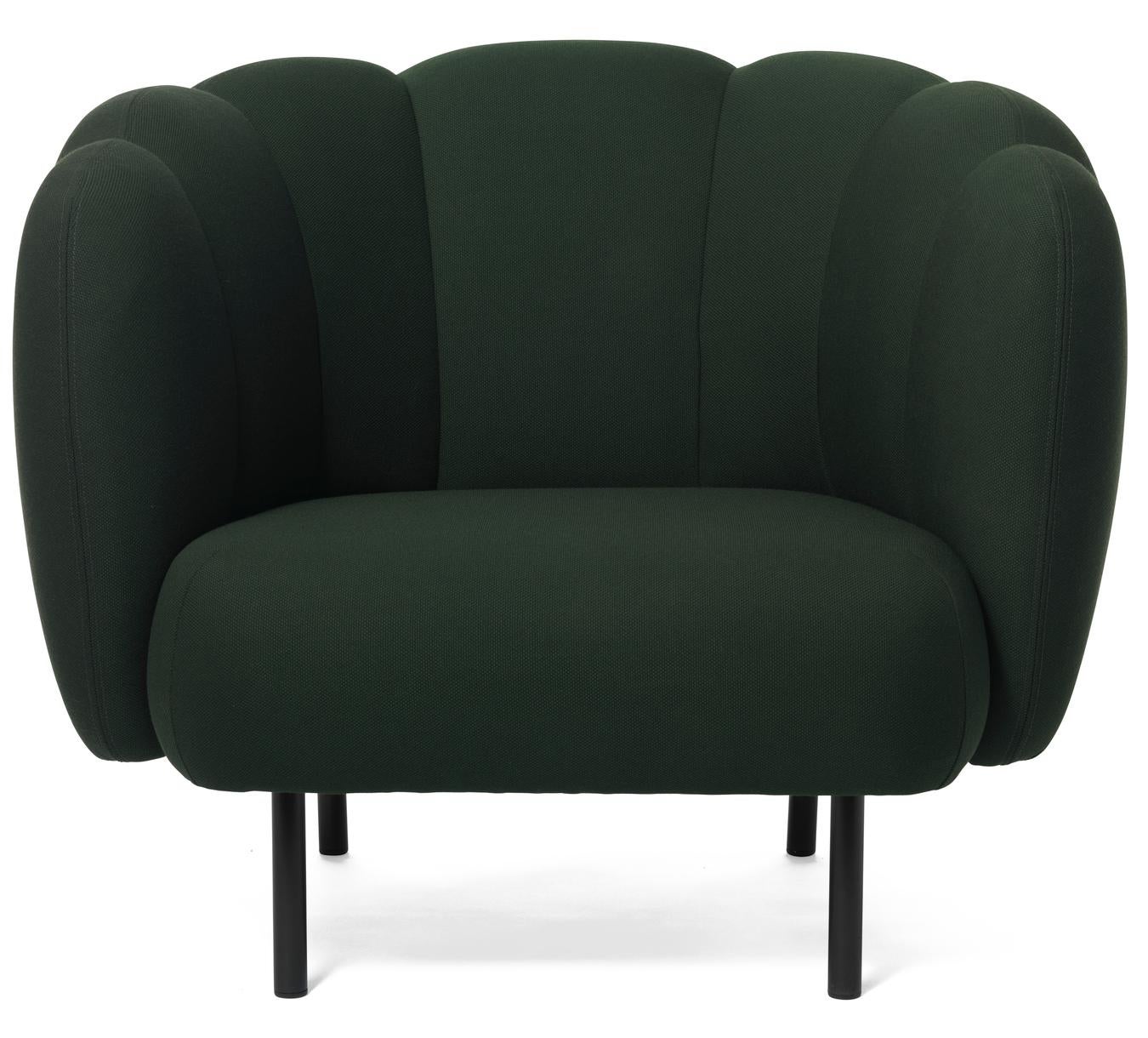 Cape lounge chair with stitches forest green by Warm Nordic
Dimensions: D95 x W84 x H 80 cm
Material: textile upholstery, wooden frame, powder coated black steel legs
Weight: 36.5 kg
Also available in different colours and finishes.

An