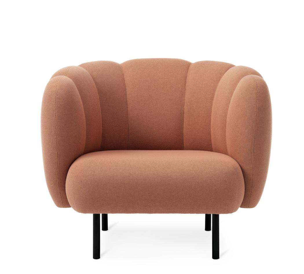 Cape lounge chair with stitches fresh peach by Warm Nordic
Dimensions: D 95 x W 84 x H 80 cm
Material: Textile upholstery, Wooden frame, Powder coated black steel legs
Weight: 36.5 kg
Also available in different colours and finishes.

An