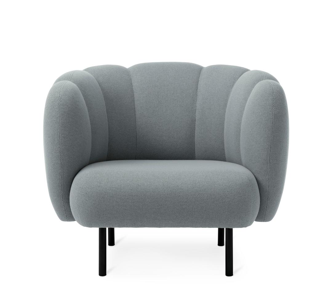 Cape Lounge chair with Stitches Minty Grey by Warm Nordic
Dimensions: D95 x W84 x H 80 cm
Material: Textile upholstery, Wooden frame, Powder coated black steel legs
Weight: 36.5 kg
Also available in different colors and finishes. 

An elegant