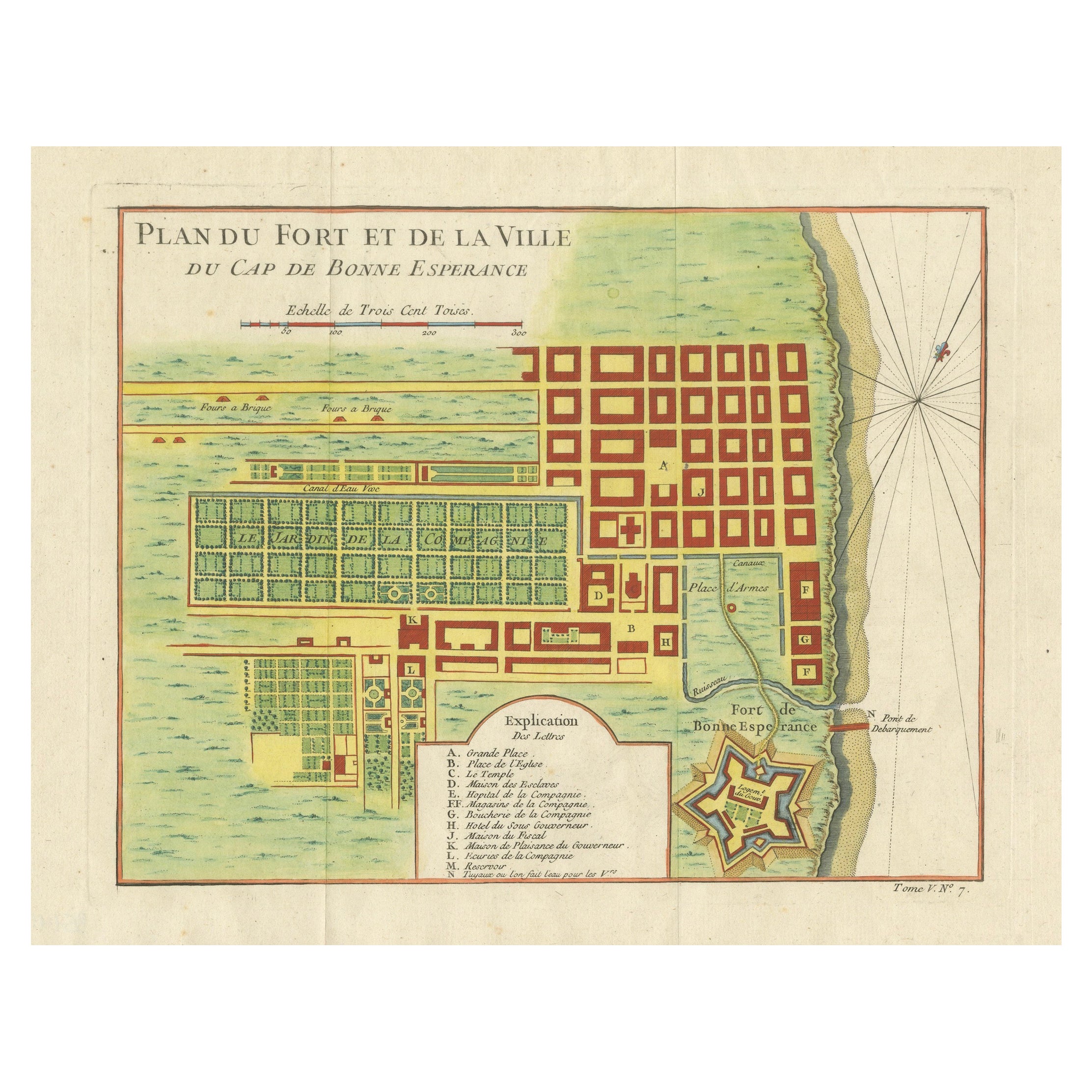 Cape of Good Hope – Fort and City Plan, French Colonial Map, c.1765 For Sale