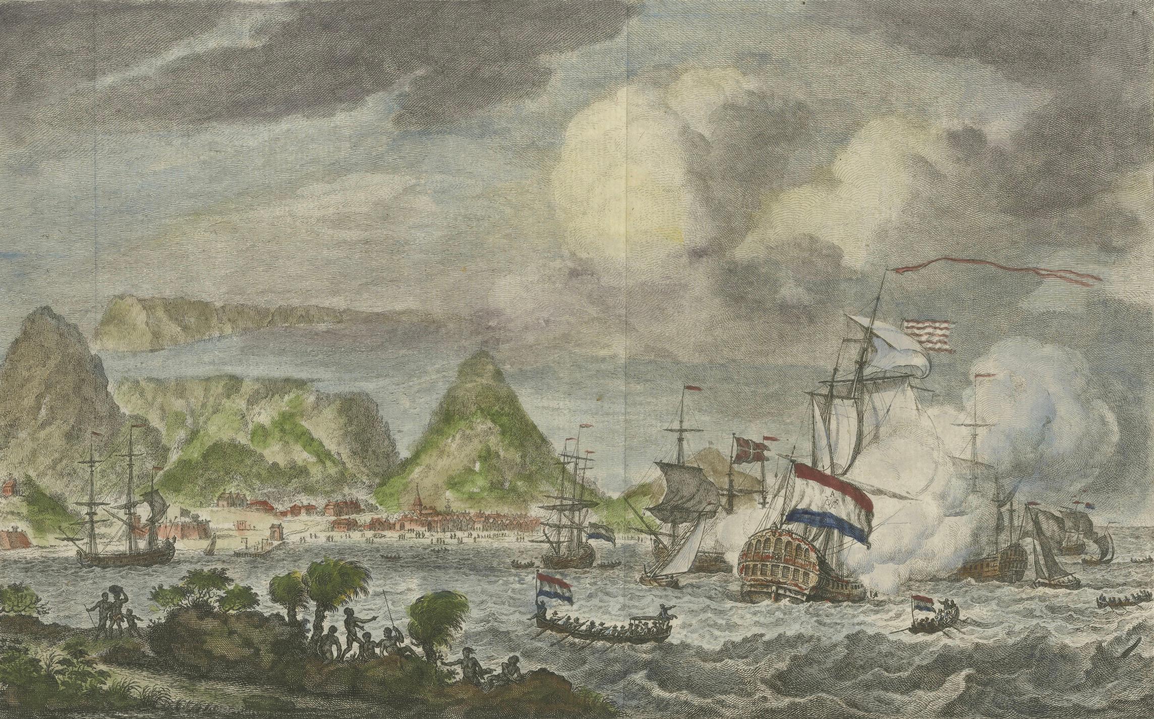 Cabo de Buena Esperanza y Bahía de la Mesa - Barcos holandeses anclados, grabado de 1777 Papel en venta