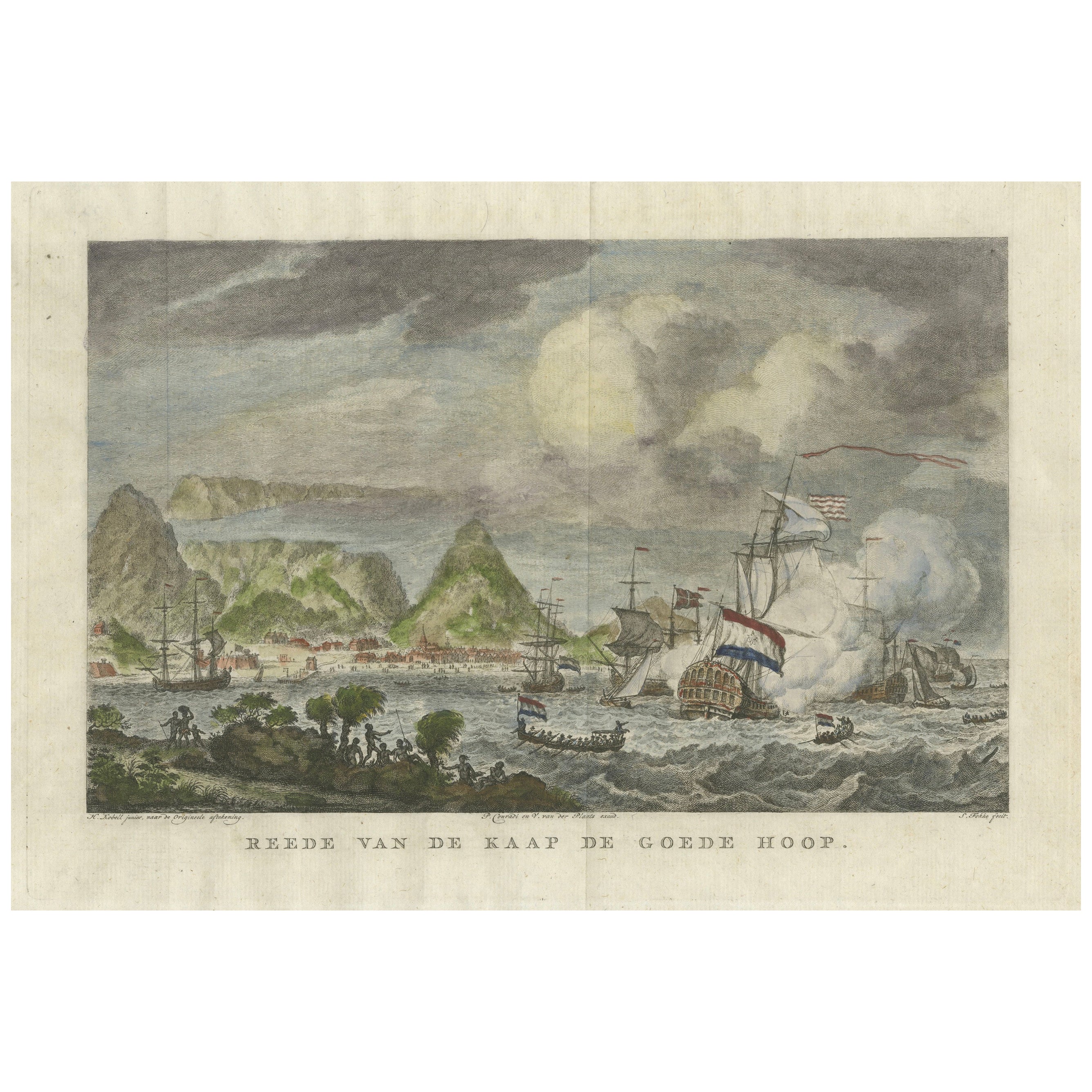 Cabo de Buena Esperanza y Bahía de la Mesa - Barcos holandeses anclados, grabado de 1777