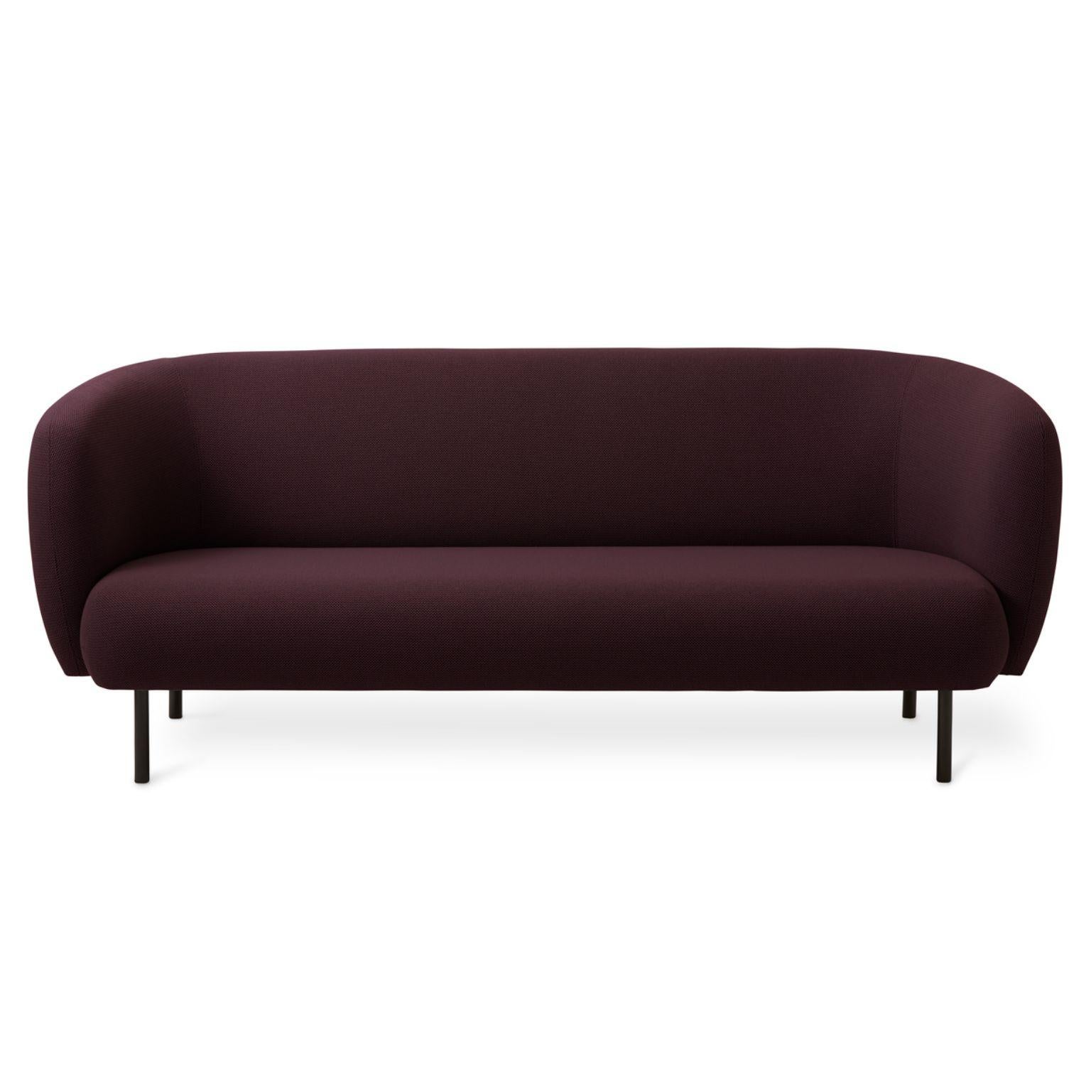 Caper 3 seater burgundy by Warm Nordic
Dimensions: D 206 x W 84 x H 63 cm
Material: Textile upholstery, Wooden frame, Powder coated black steel legs.
Weight: 55.5 kg
Also available in different colours and finishes.

An elegant sofa with an