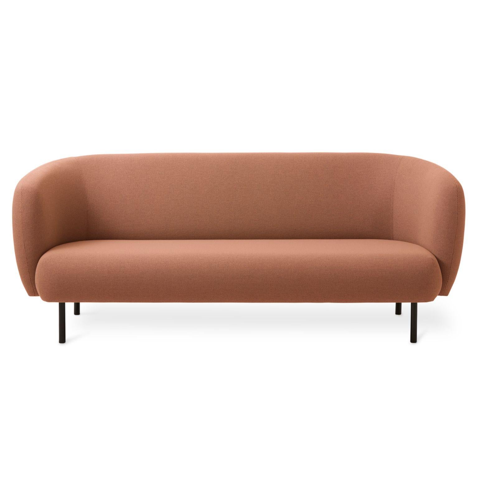 Caper 3 seater fresh peach by Warm Nordic
Dimensions: D 206 x W 84 x H 63 cm
Material: Textile upholstery, Wooden frame, Powder coated black steel legs.
Weight: 55.5 kg
Also available in different colours and finishes.

An elegant sofa with an