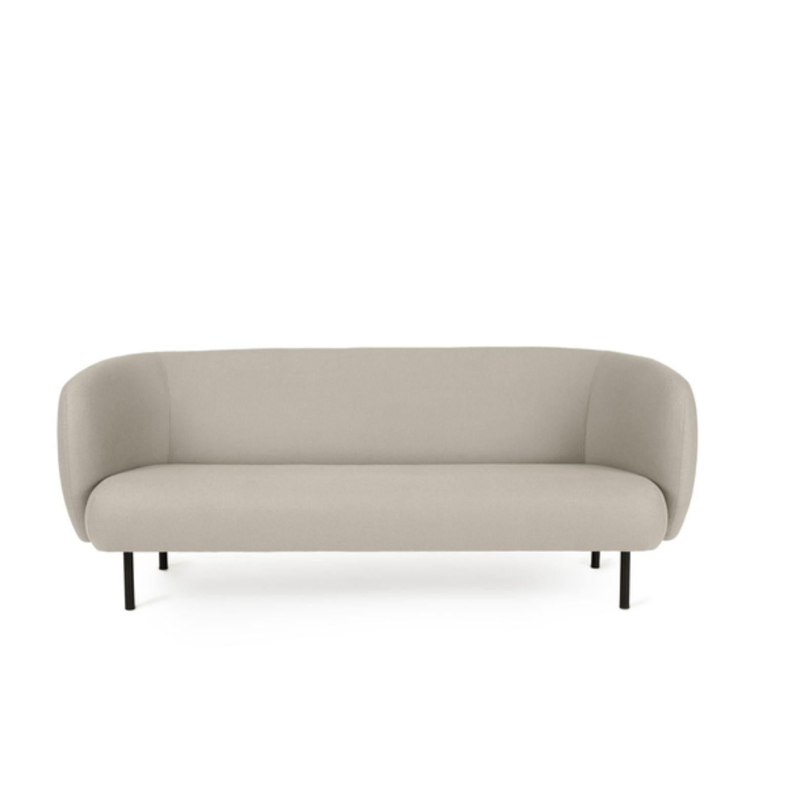 Caper 3 seater pearl grey by Warm Nordic
Dimensions: D 206 x W 84 x H 63 cm
Material: Textile upholstery, Wooden frame, Powder coated black steel legs.
Weight: 55.5 kg
Also available in different colours.

An elegant sofa with an organic