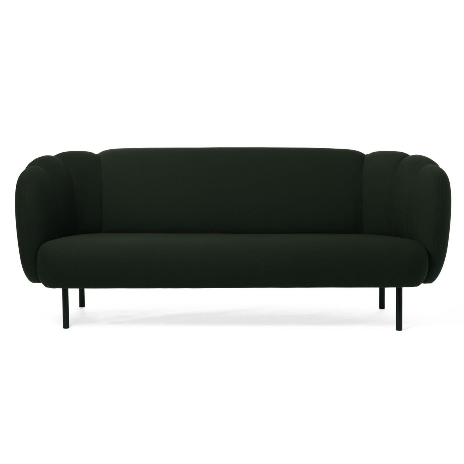 Caper 3 seater with stitches forest green by Warm Nordic
Dimensions: D 200 x W 84 x H 80 cm
Material: Textile upholstery, Wooden frame, Powder coated black steel legs.
Weight: 55.5 kg
Also available in different colours and finishes.

An