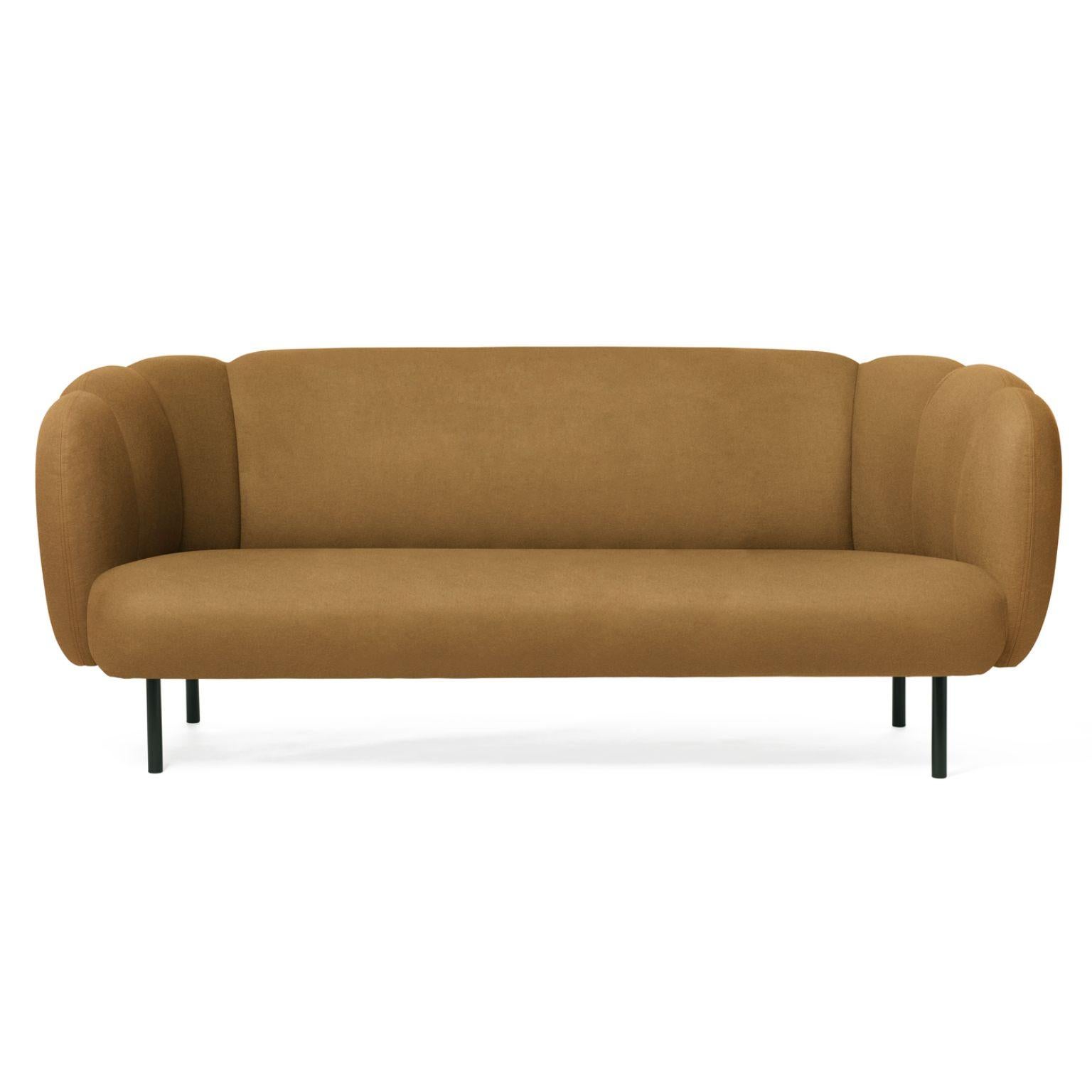 Caper 3 seater with stitches olive by Warm Nordic
Dimensions: D 200 x W 84 x H 80 cm
Material: Textile upholstery, Wooden frame, Powder coated black steel legs.
Weight: 55.5 kg
Also available in different colours and finishes.

An elegant sofa