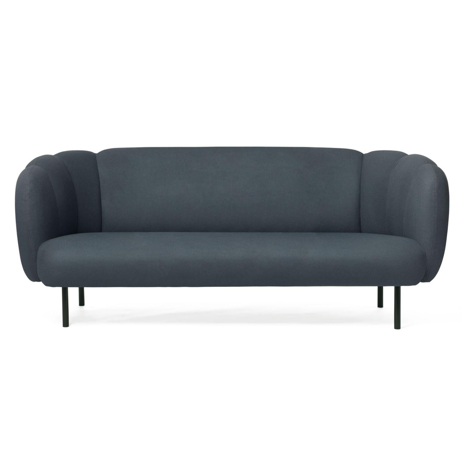 Caper 3 seater with stitches petrol by Warm Nordic.
Dimensions: D200 x W84 x H 80 cm.
Material: textile upholstery, wooden frame, powder coated black steel legs.
Weight: 55.5 kg
Also available in different colours and finishes. 

An elegant