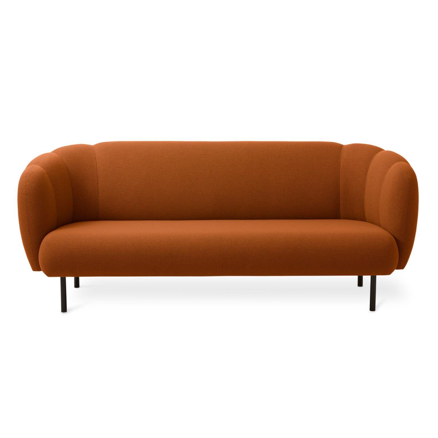 Caper 3 seater with stitches terracotta by Warm Nordic
Dimensions: D200 x W84 x H 80 cm.
Material: Textile upholstery, Wooden frame, Powder coated black steel legs.
Weight: 55.5 kg
Also available in different colours and finishes. 

An elegant