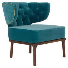 Capi Armchair, Blue Velvet Capitoné Upholstery, Solid Walnut Wood, in Stock