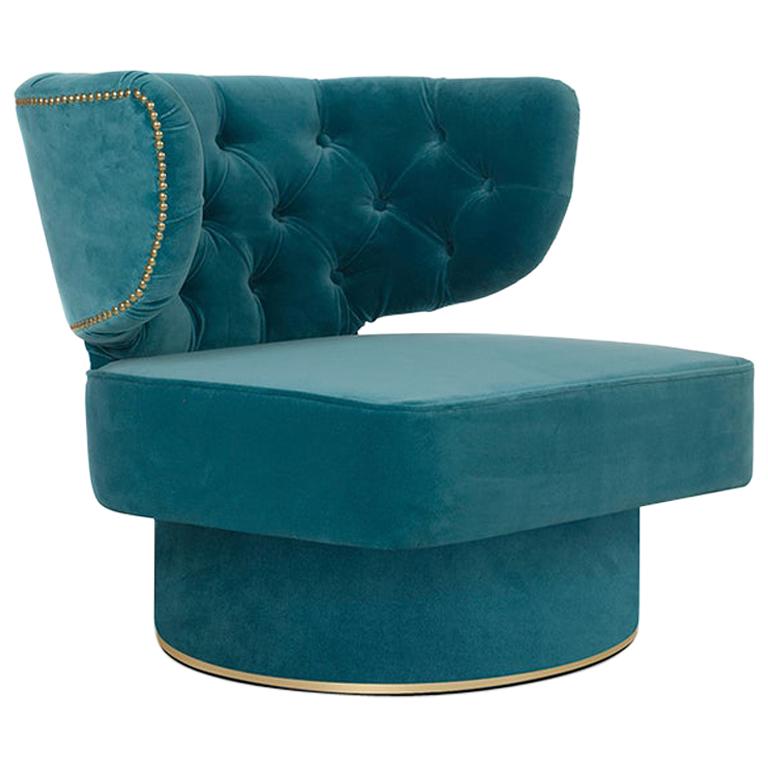 21st Century Capi Armchair in Blue Velvet Upholstery and Brass Details