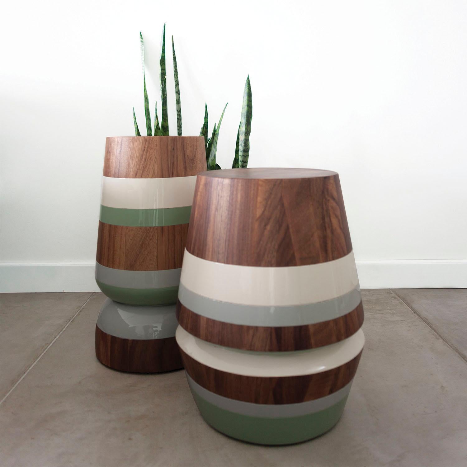 Modern Capirucho Turned Drink Table, Conacaste Wood and Lacquered Bands by Labrica For Sale