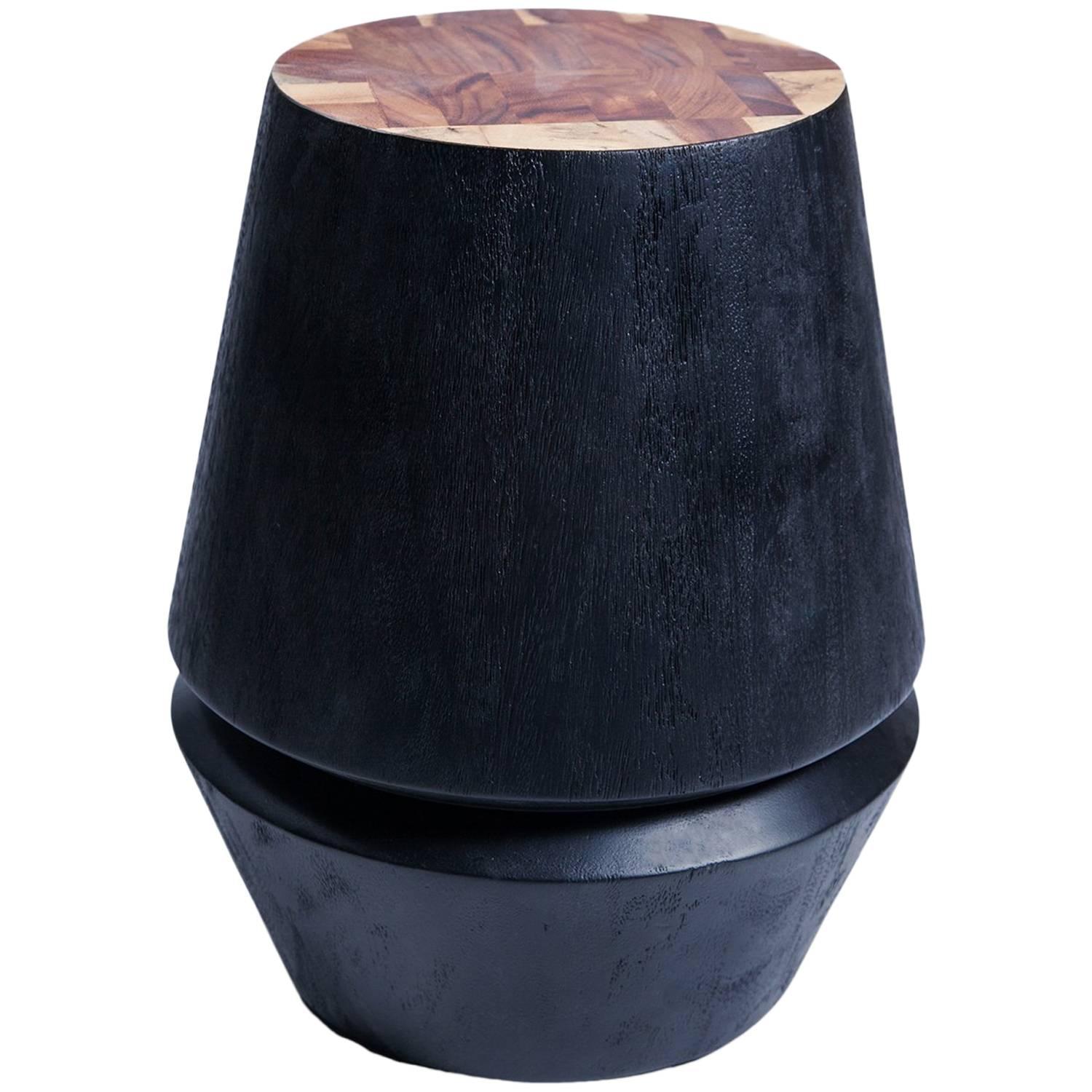 Capirucho Turned Side Table, Brushed Conacaste with Ebonized Finish by Labrica For Sale