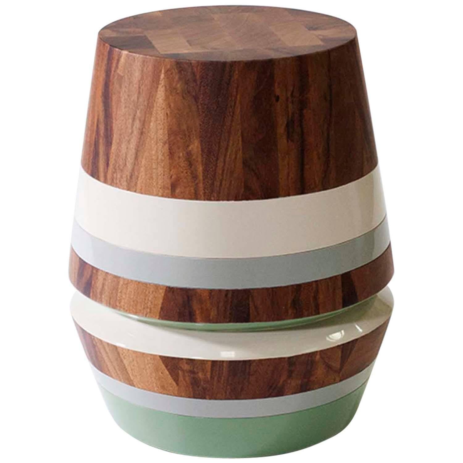 Capirucho Turned Side Table, Conacaste Wood and Lacquered Bands by Labrica For Sale