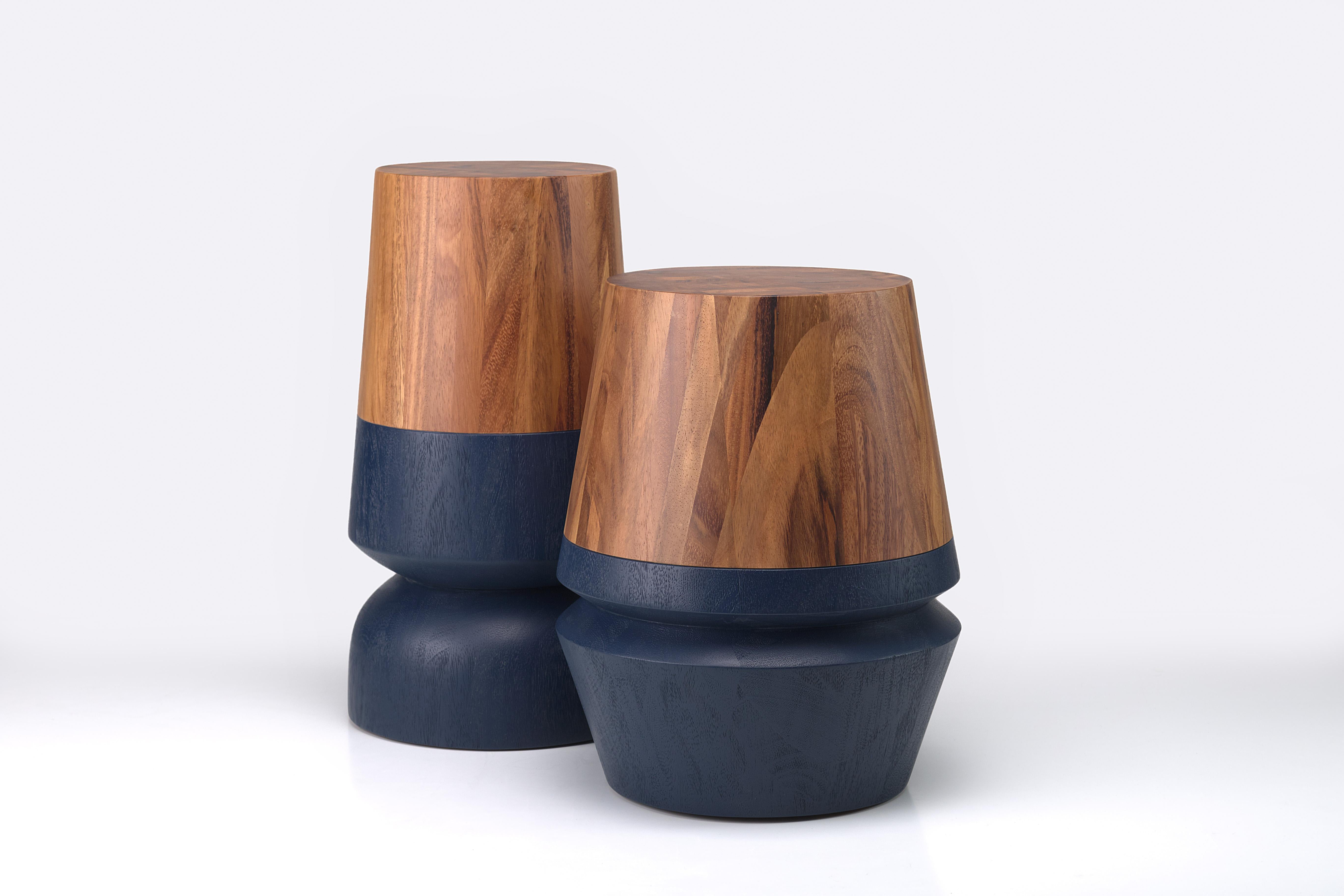 Modern Capirucho Turned Side Table Navy and Conacaste For Sale