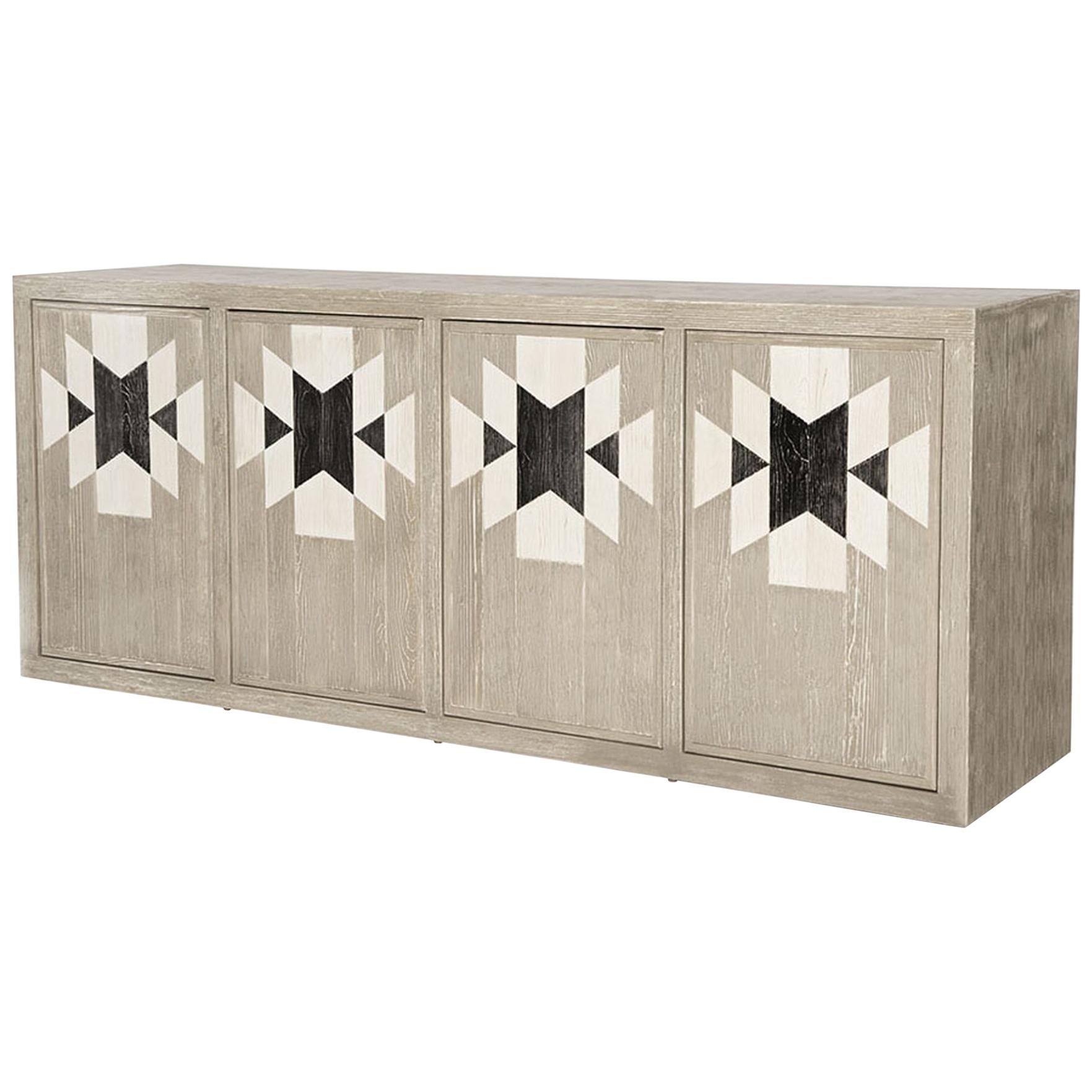 Capistrano Credenza in Rustic Wood W/ Geometric Pattern by Innova Luxuxy Group For Sale