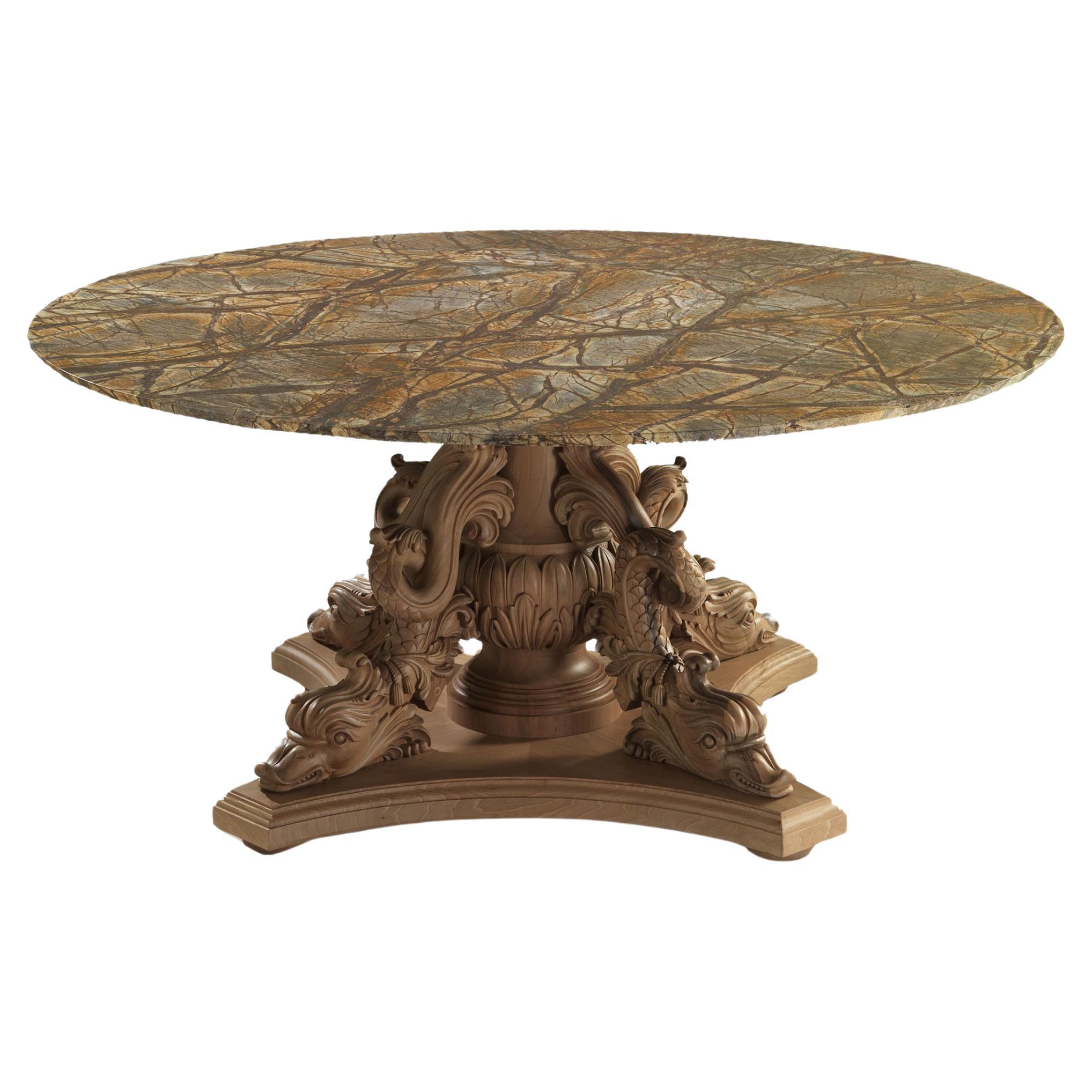 Capital Hand Carved Round Table with Beige Triton Walnut Base - Brown Marble Top For Sale