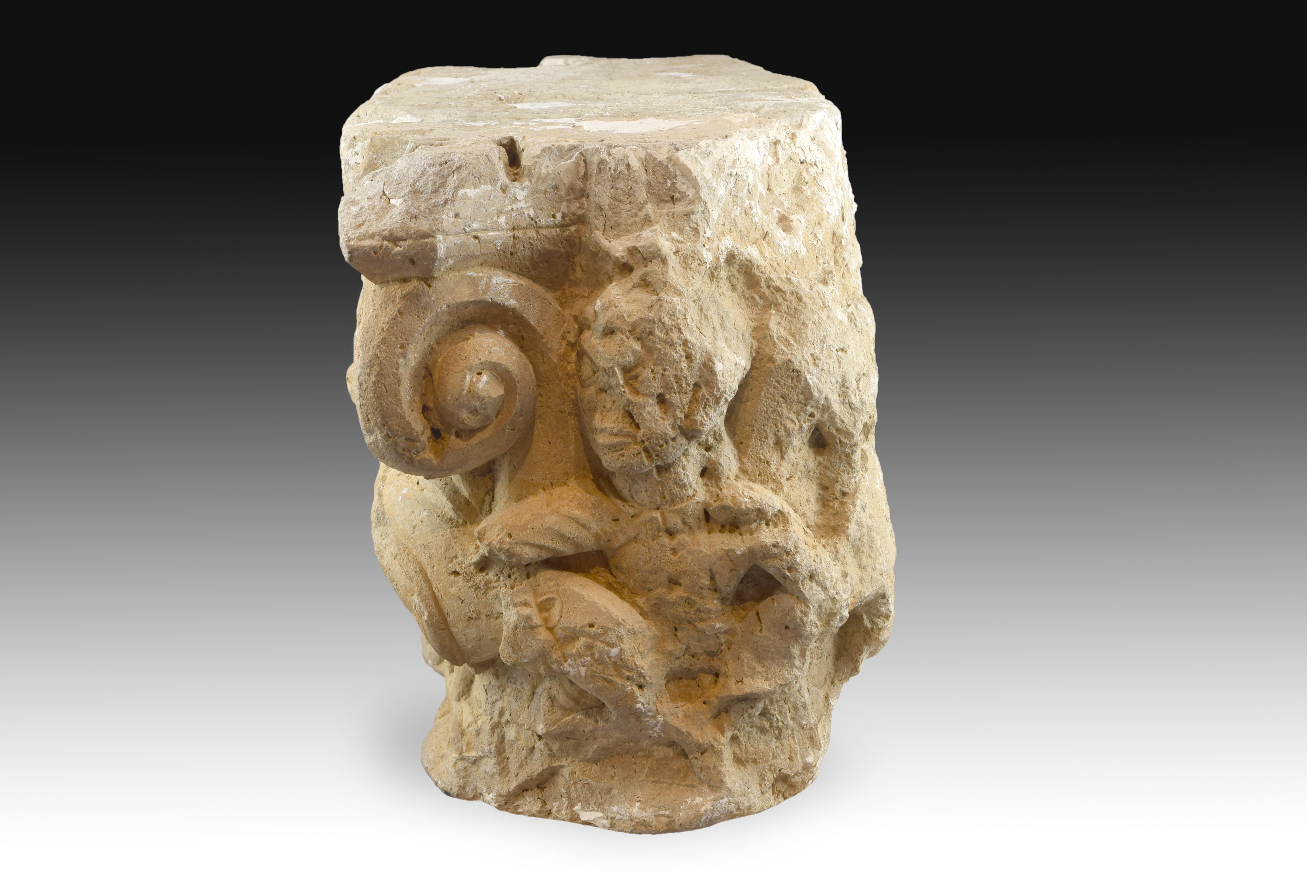 Hand-Carved Capital, Limestone, 12th-13th Century