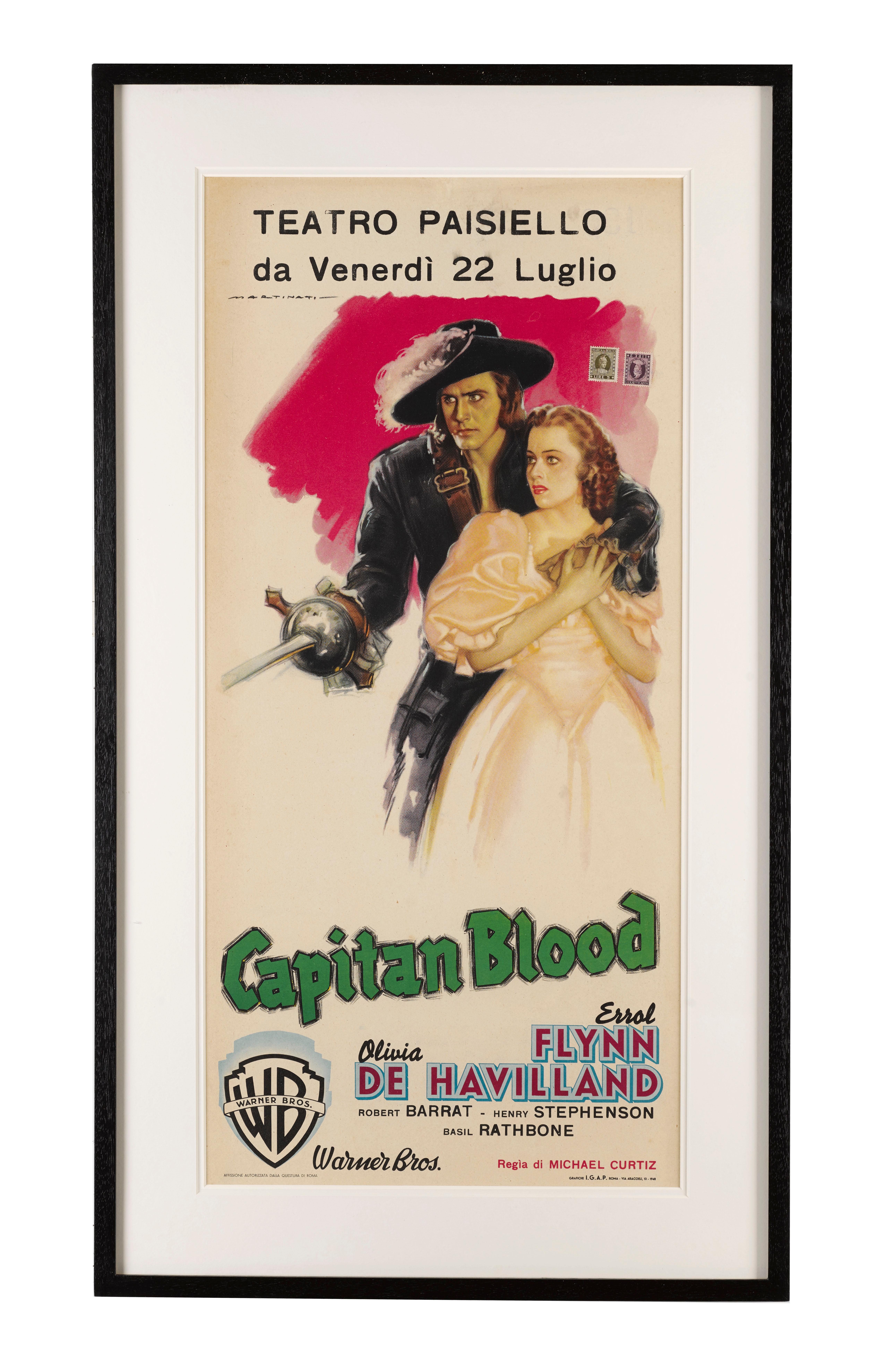 Original Italian film poster for the films  1948 rerelease .
The artwork is by one of Italy most celebrated poster designers Luigi Martinati (1893-1984) This poster features the best artwork on any poster for this title.
Captain Blood was directed
