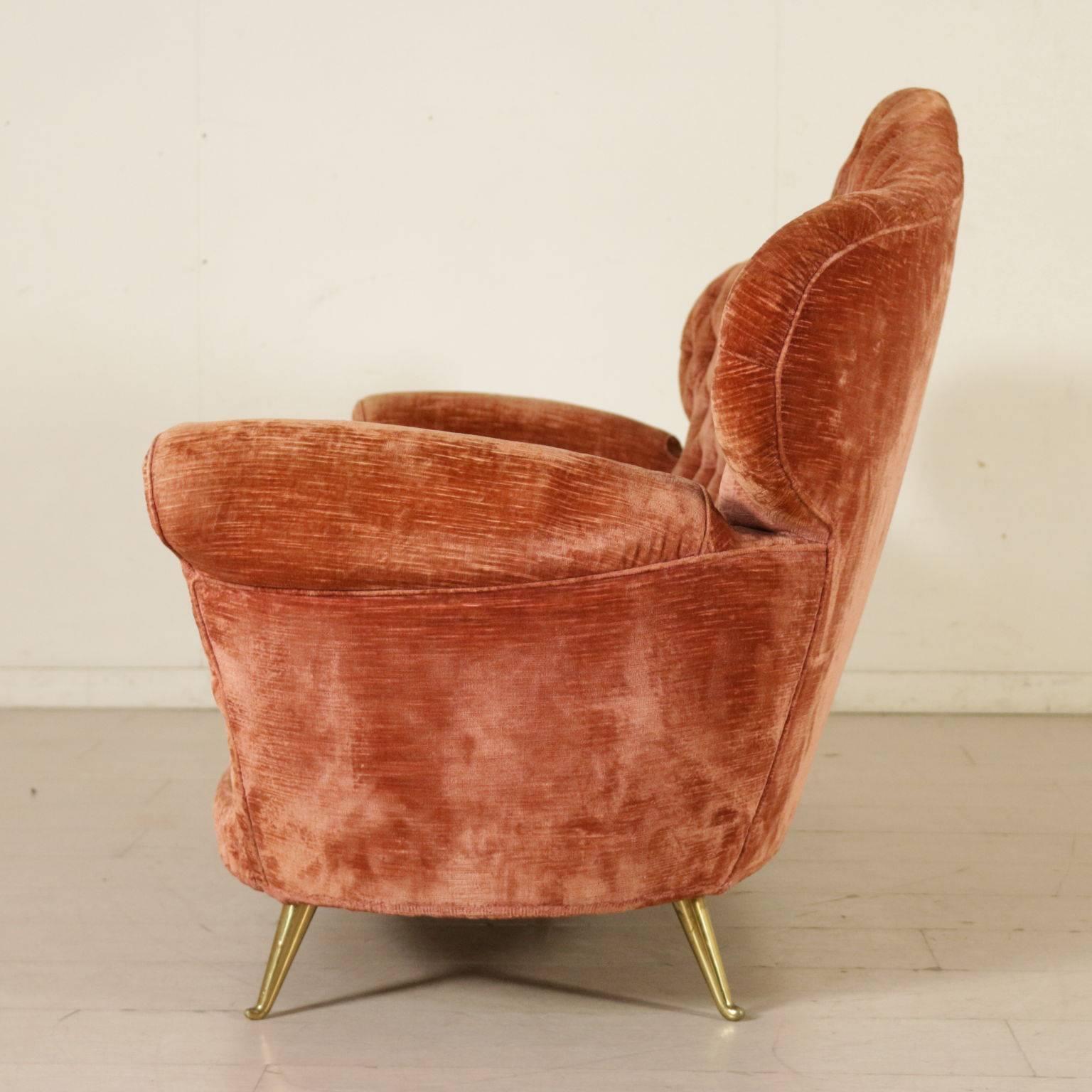 Capitonnè Sofa Velvet Upholstery Brass Vintage, Italy, 1950s 4