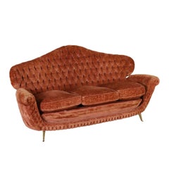 Capitonnè Sofa Velvet Upholstery Brass Vintage, Italy, 1950s