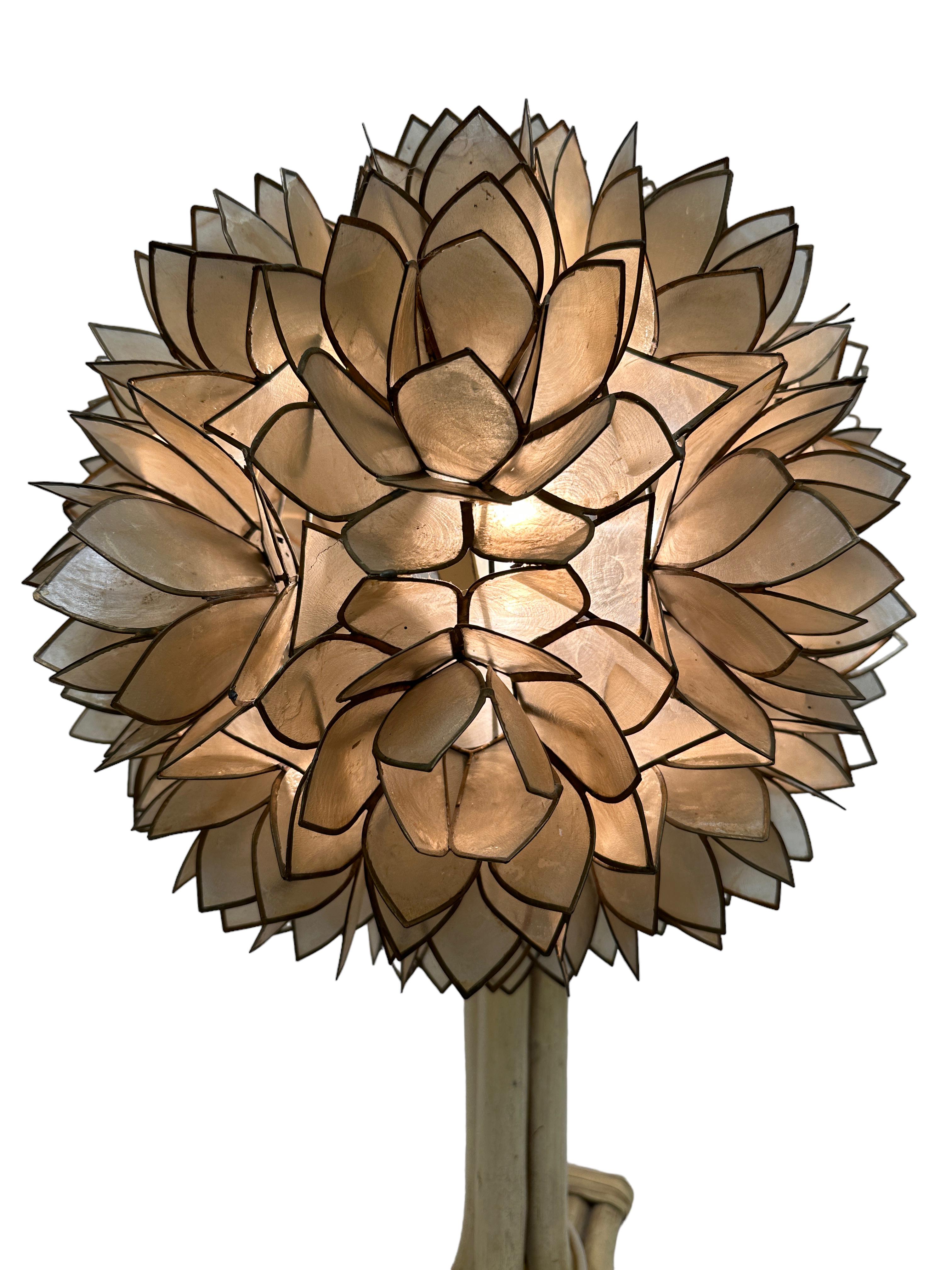 Capiz and Bamboo Rattan Lotus Ball Table Lamp Light Made by Rausch Germany 1960s 1