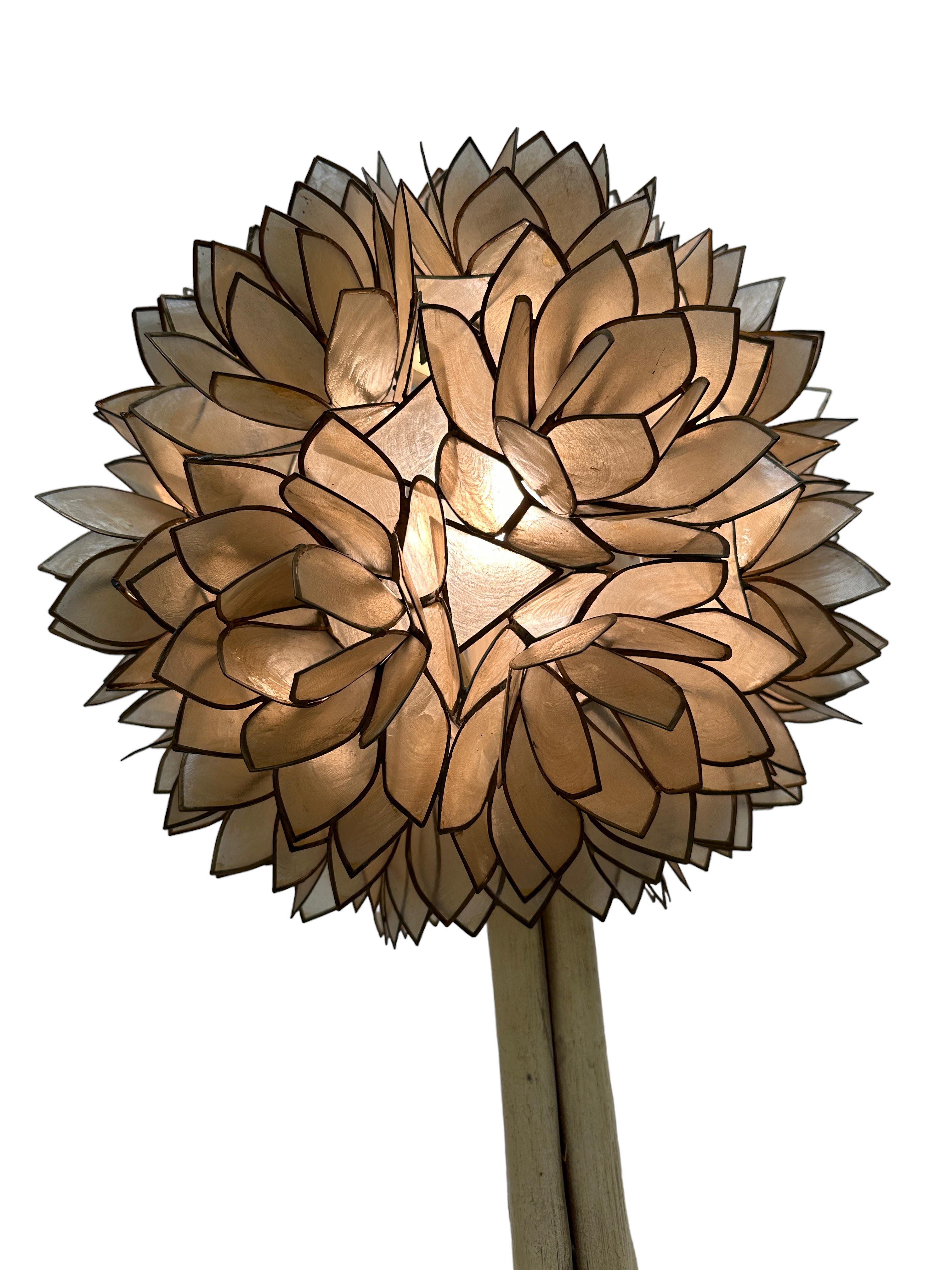 Capiz and Bamboo Rattan Lotus Ball Table Lamp Light Made by Rausch Germany 1960s 3