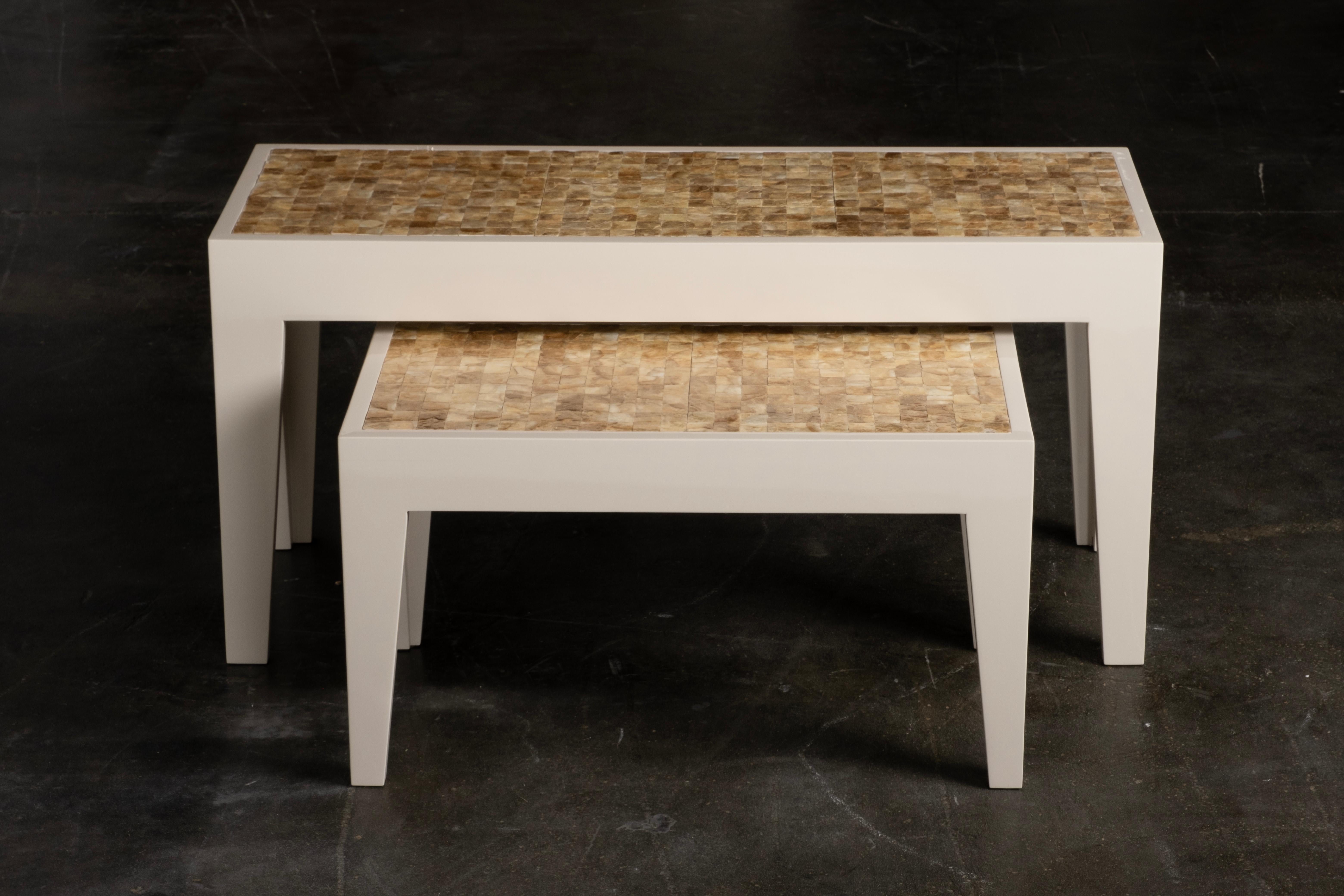 Contemporary Capiz Set/2 Nesting Coffee Tables, Beige, Handmade in Portugal by Greenapple For Sale