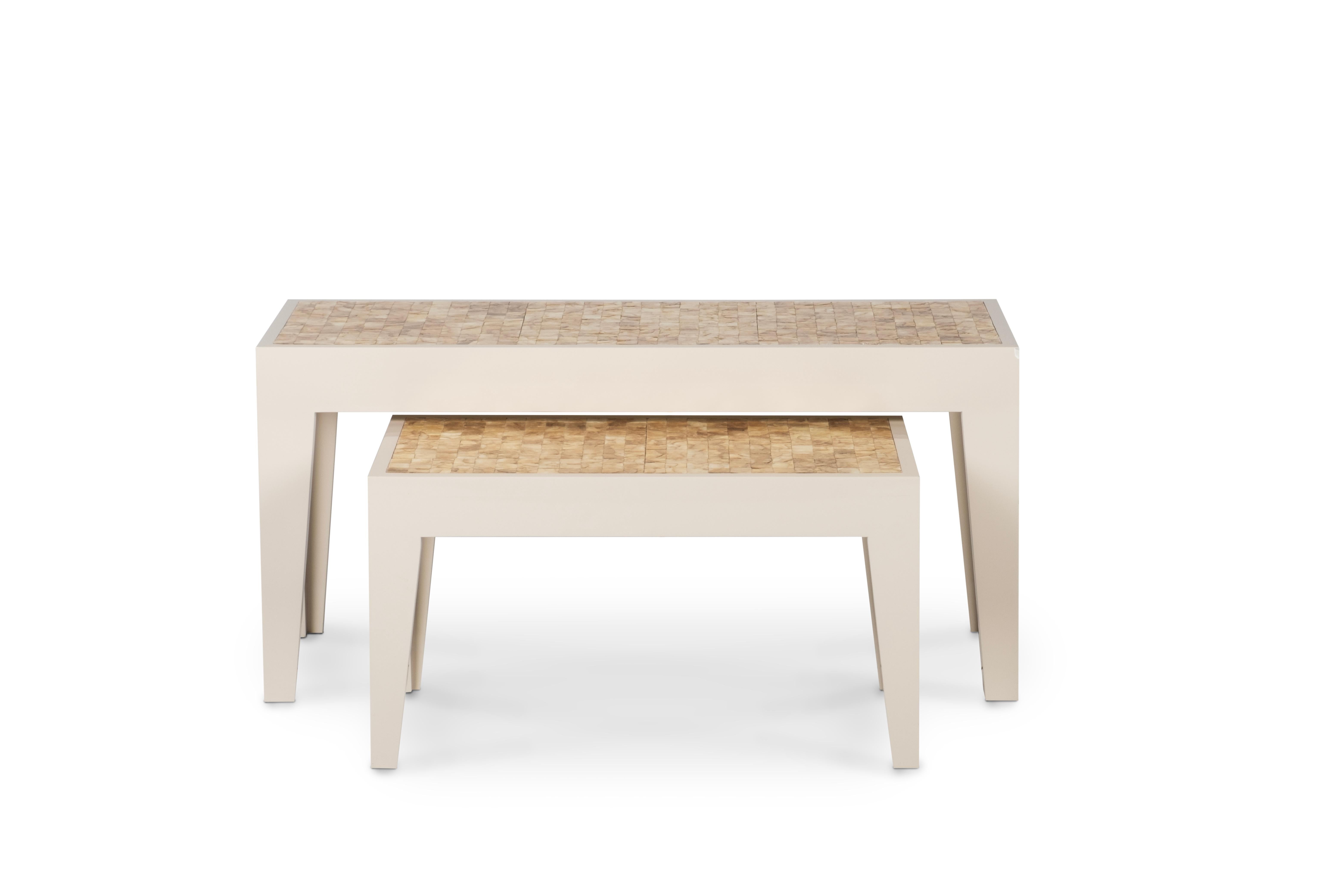 Wood Capiz Set/2 Nesting Coffee Tables, Beige, Handmade in Portugal by Greenapple For Sale