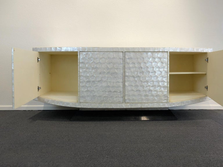 Lacquered Capiz Shell and Black Marble Credenza by Marquis Collection of Beverly Hills For Sale