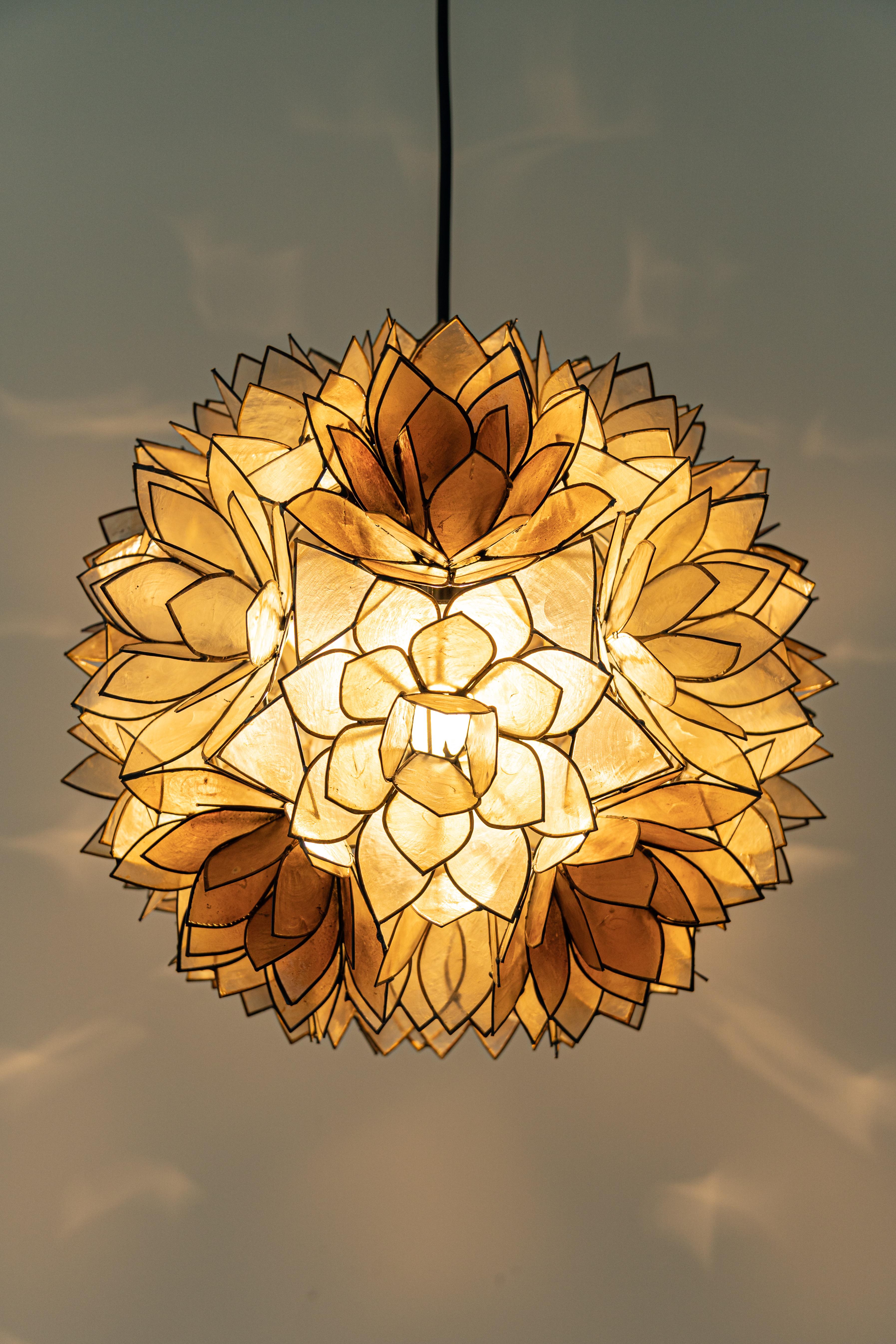 Chrome Capiz Shell Lotus Ball Chandelier Pendant Light Germany, 1960s
