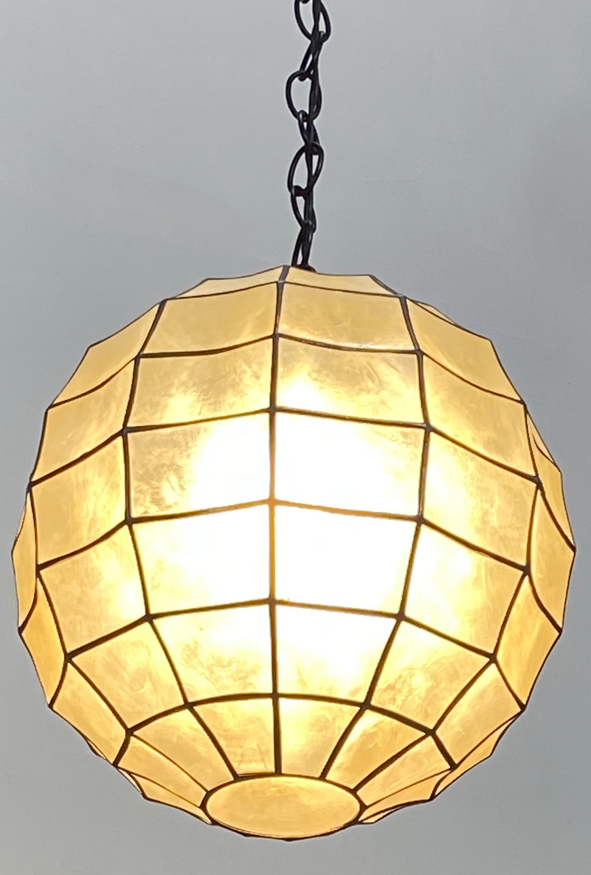 American Capiz Shell Orb Shape Pendant Light Fixture, Mid 20th Century