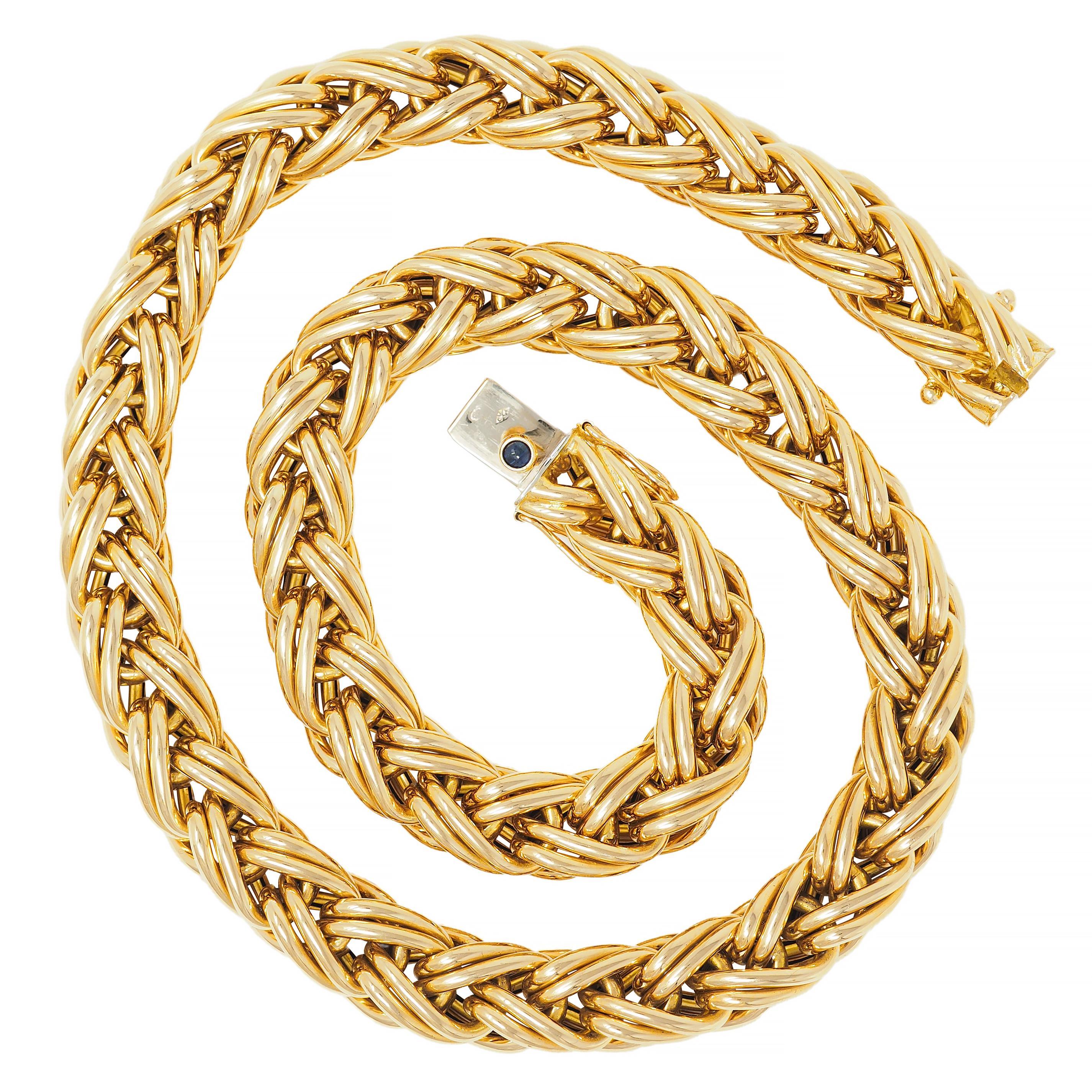 Cabochon Caplain Paris 1970's French 18 Karat Yellow Gold Vintage Wheat Chain Necklace