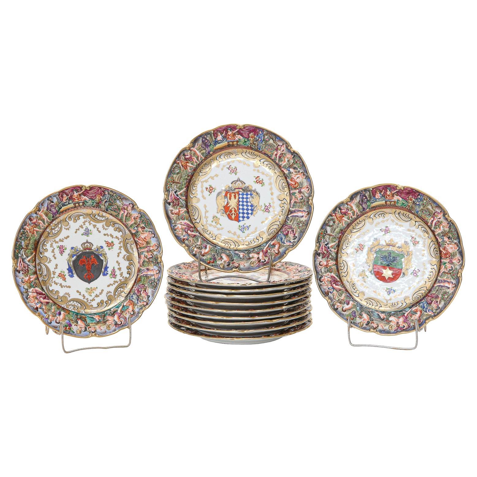 Capo Di Monte Armorial Porcelain Cabinet Plates, Set of 12