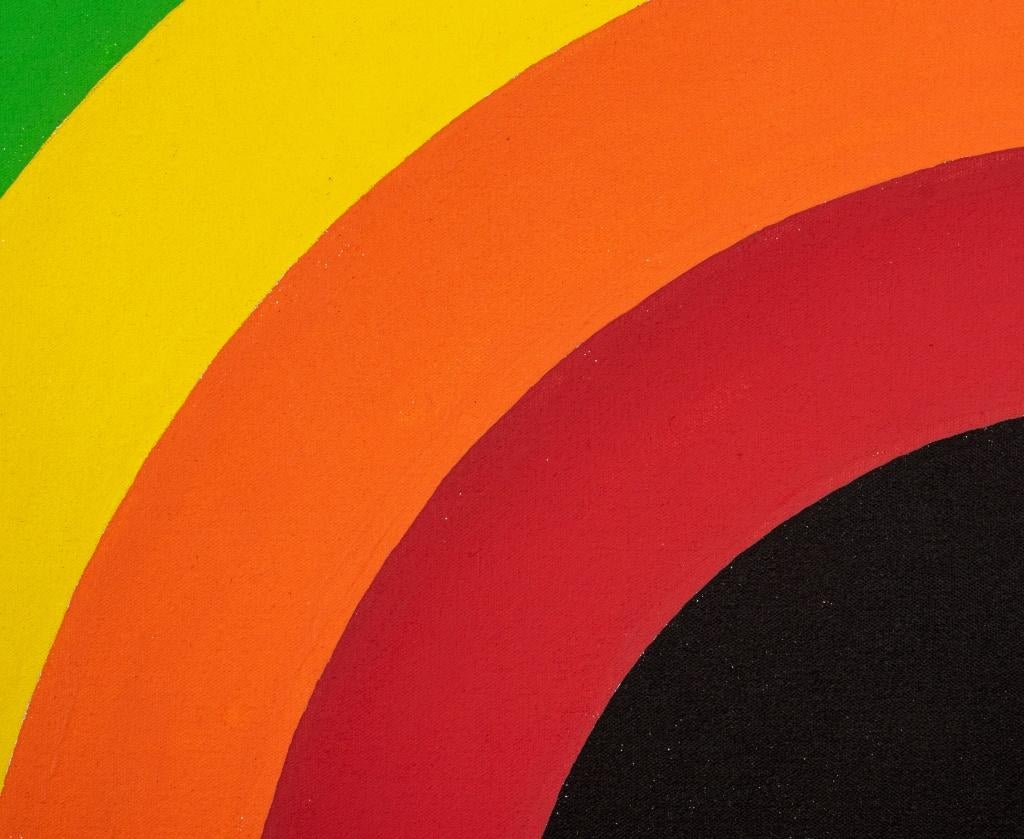 Domenick Capobianco (Amerikaner, geb. 1928) Abstraktes Pop-Art-Acryl auf Leinwand, das konzentrische Kreise mit der Regenbogenpalette darstellt, offenbar unsigniert, verso Stempel 