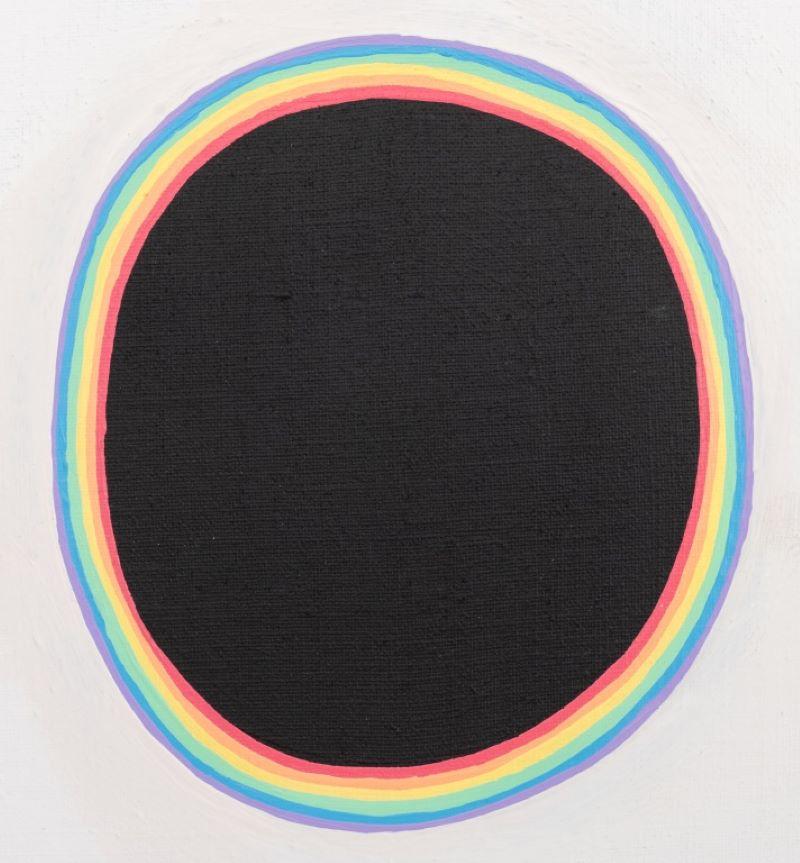 Domenick Capobianco (Amerikaner, geb. 1928) Abstraktes Pop-Art-Acryl auf Leinwand, das einen schwarzen Kreis auf weißem Grund, umgeben von einem Regenbogen, darstellt, offenbar unsigniert, verso Stempel 