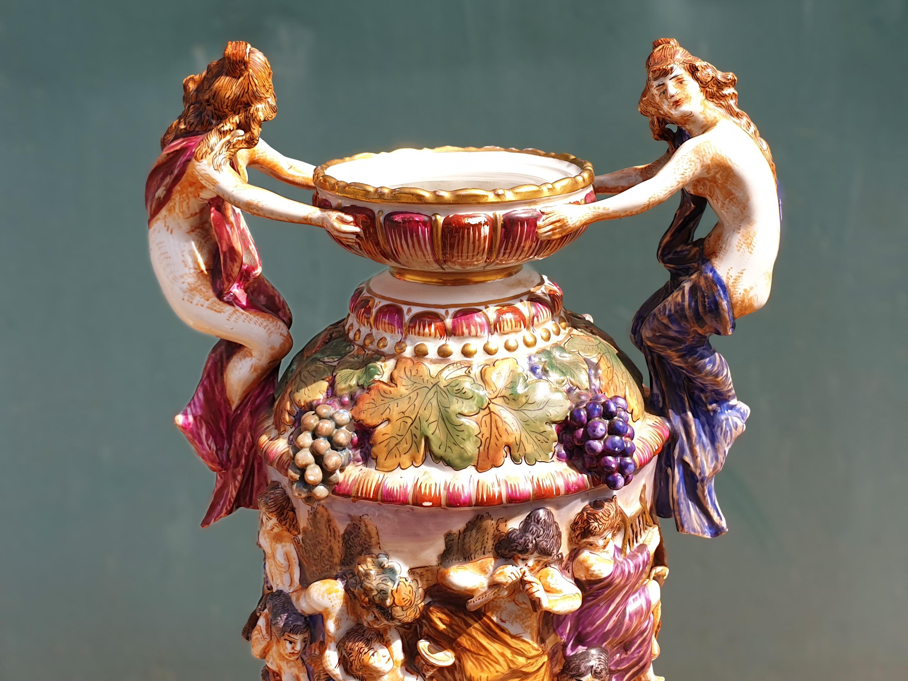 Hand-Crafted Capodimonte 19th Century Two Handled Figural Vase For Sale