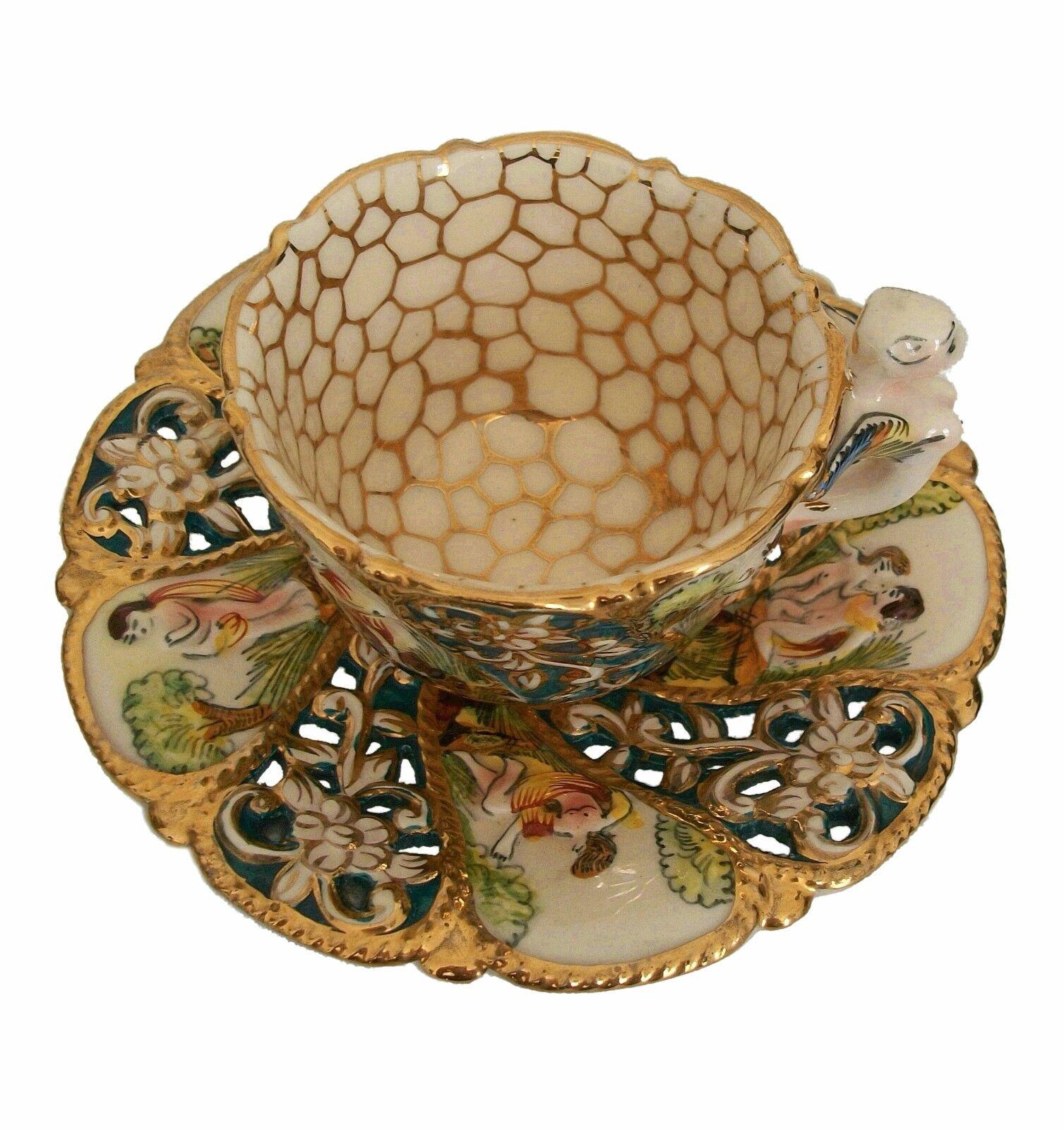 Italian Capodimonte, Cabinet Cup & Saucer - Hand Painted/Gilded, Unsigned, 20th C For Sale