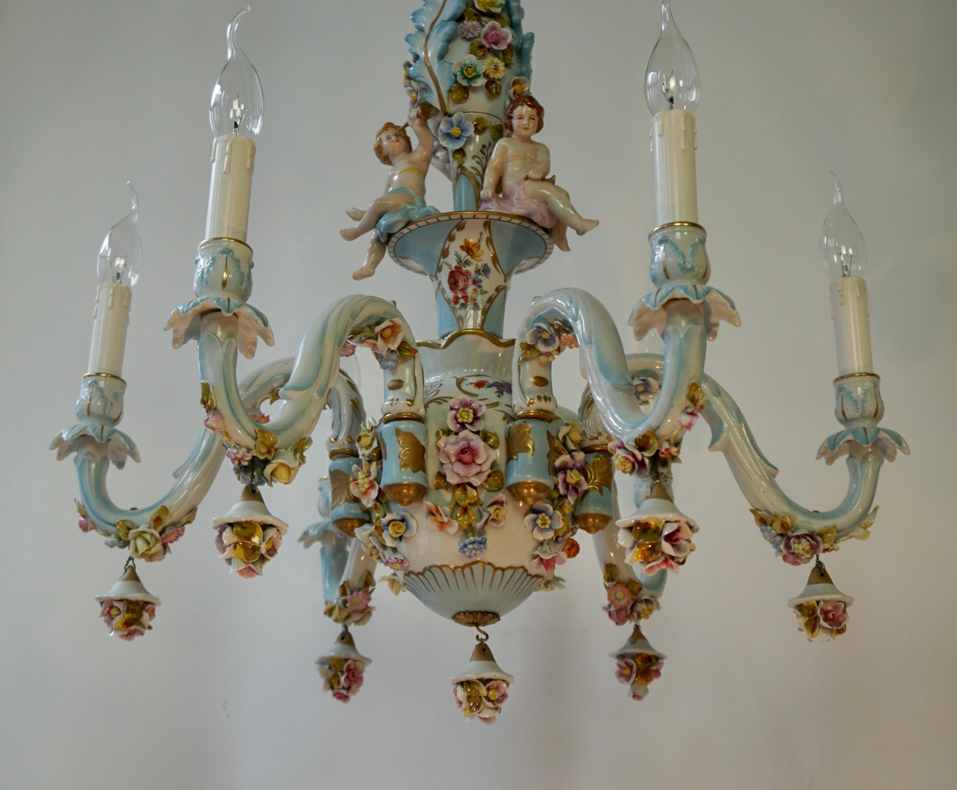 Brass Capodimonte Chandelier, Italy, 1960s For Sale