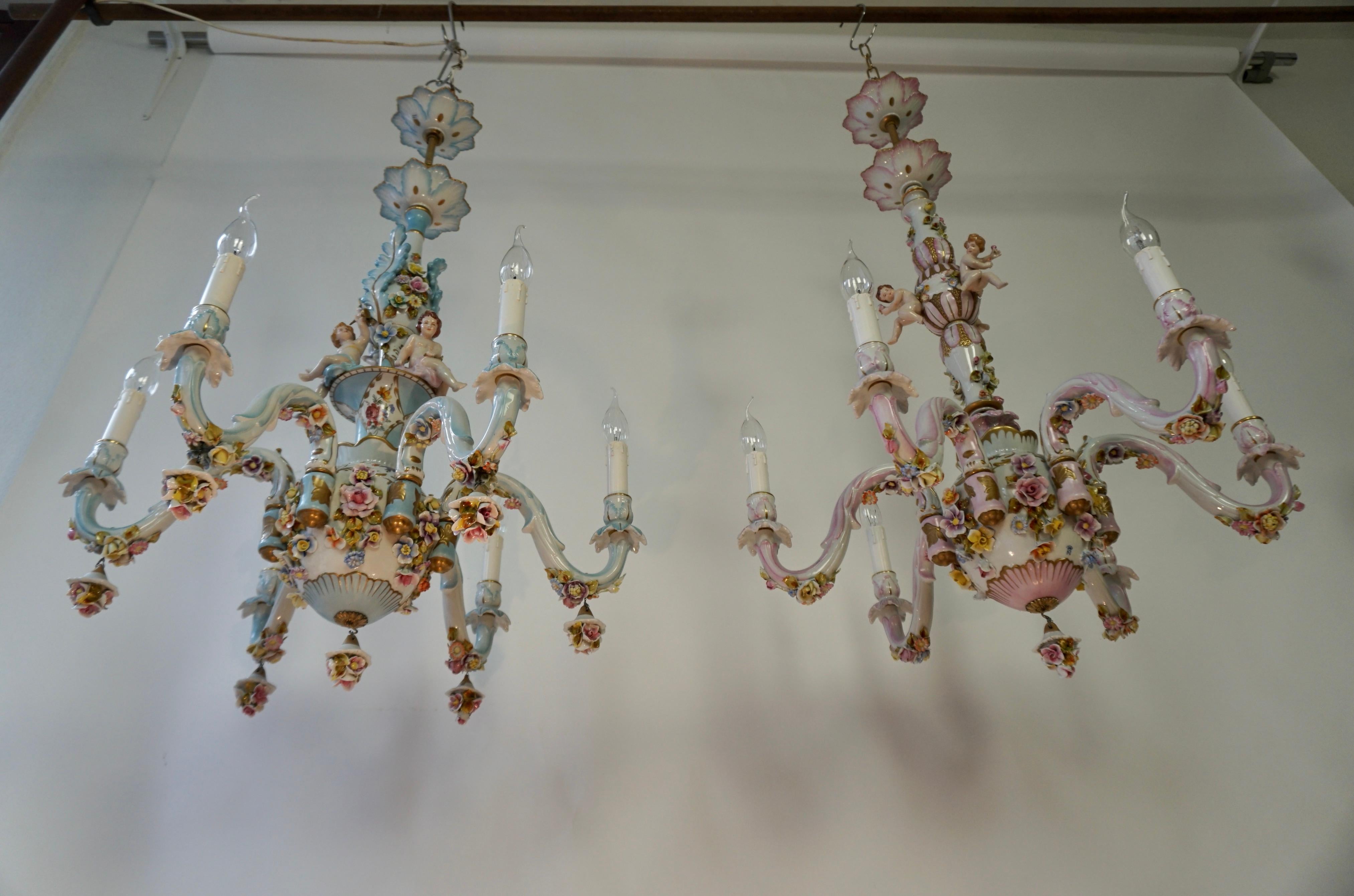 Hand-Painted Capodimonte Chandelier, Italy, 1960s For Sale